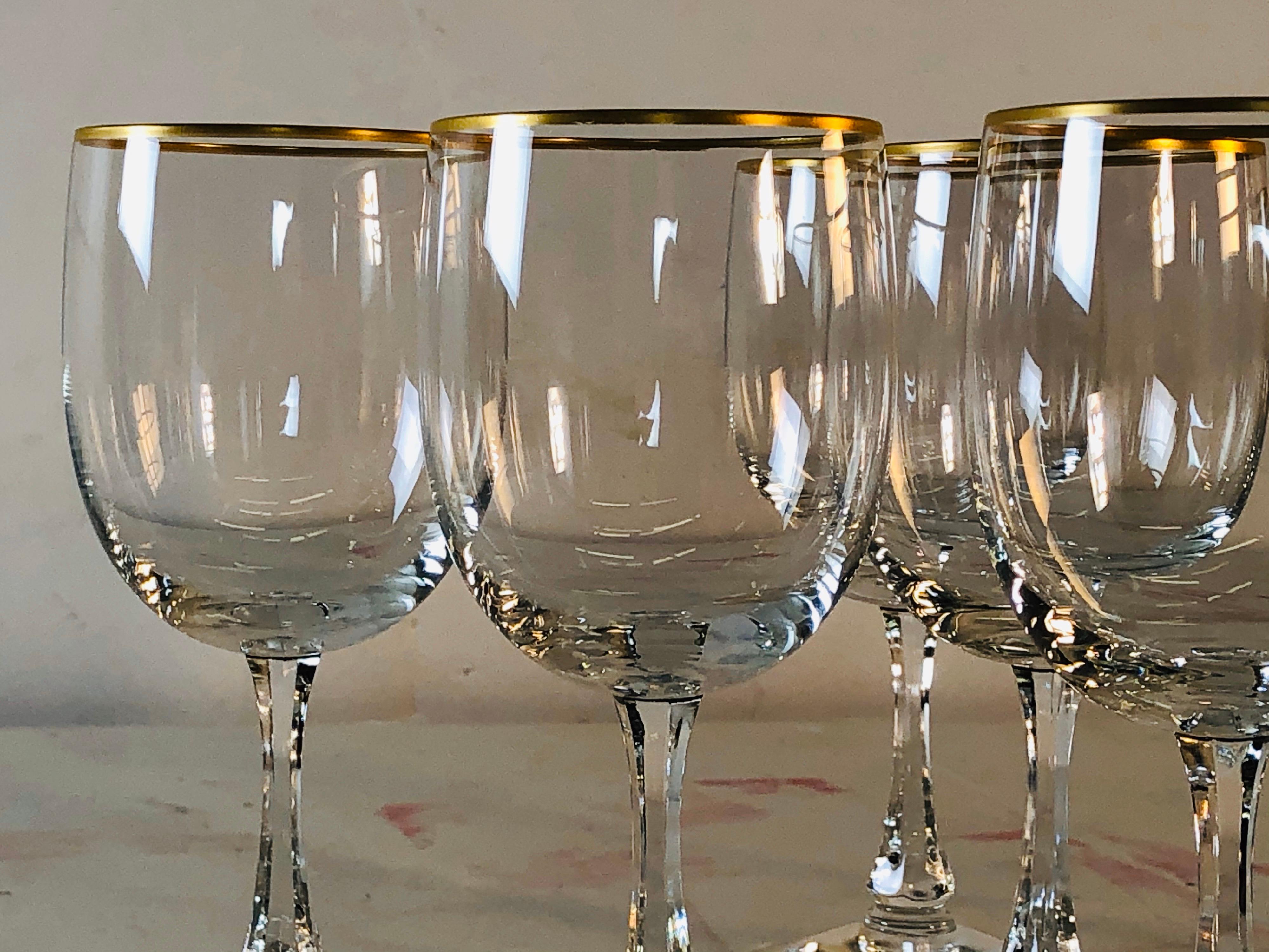 Hollywood Regency 1960s Fostoria Gold Rim Glass Wine Stems, Set of 7