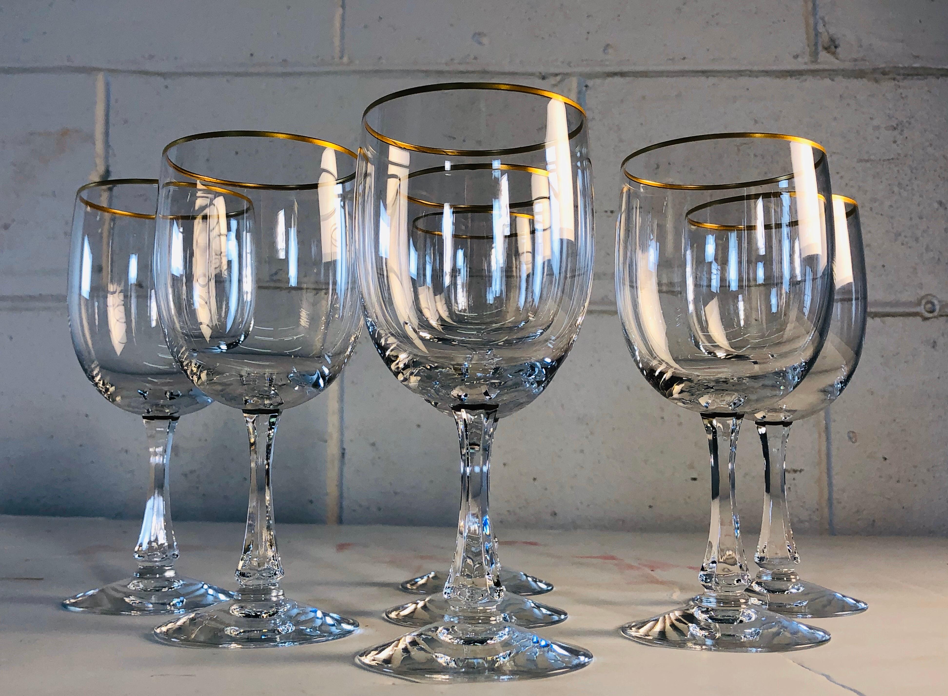 1960s Fostoria Gold Rim Glass Wine Stems, Set of 7 In Good Condition In Amherst, NH