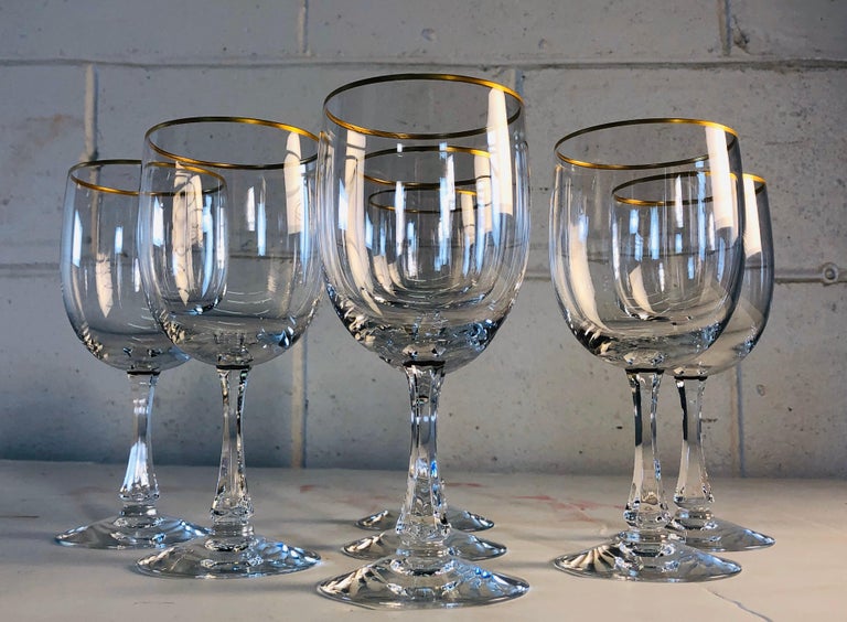 1960s Fostoria Gold Rim Glass Wine Stems, Set of 7 For Sale at 1stdibs