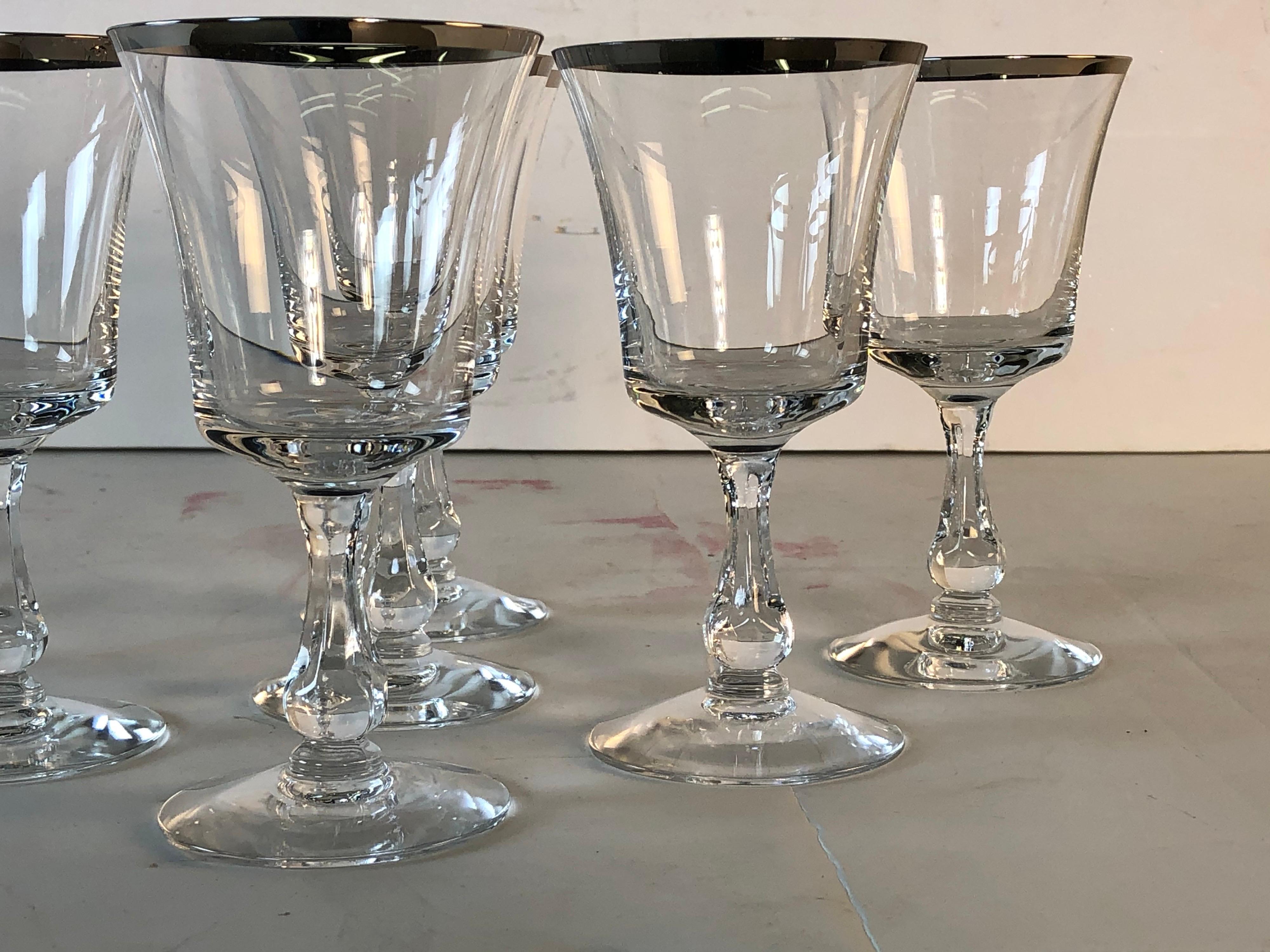 Mid-Century Modern 1960s Fostoria Platinum Rim Small Wine Glass Stems, Set of 9 For Sale