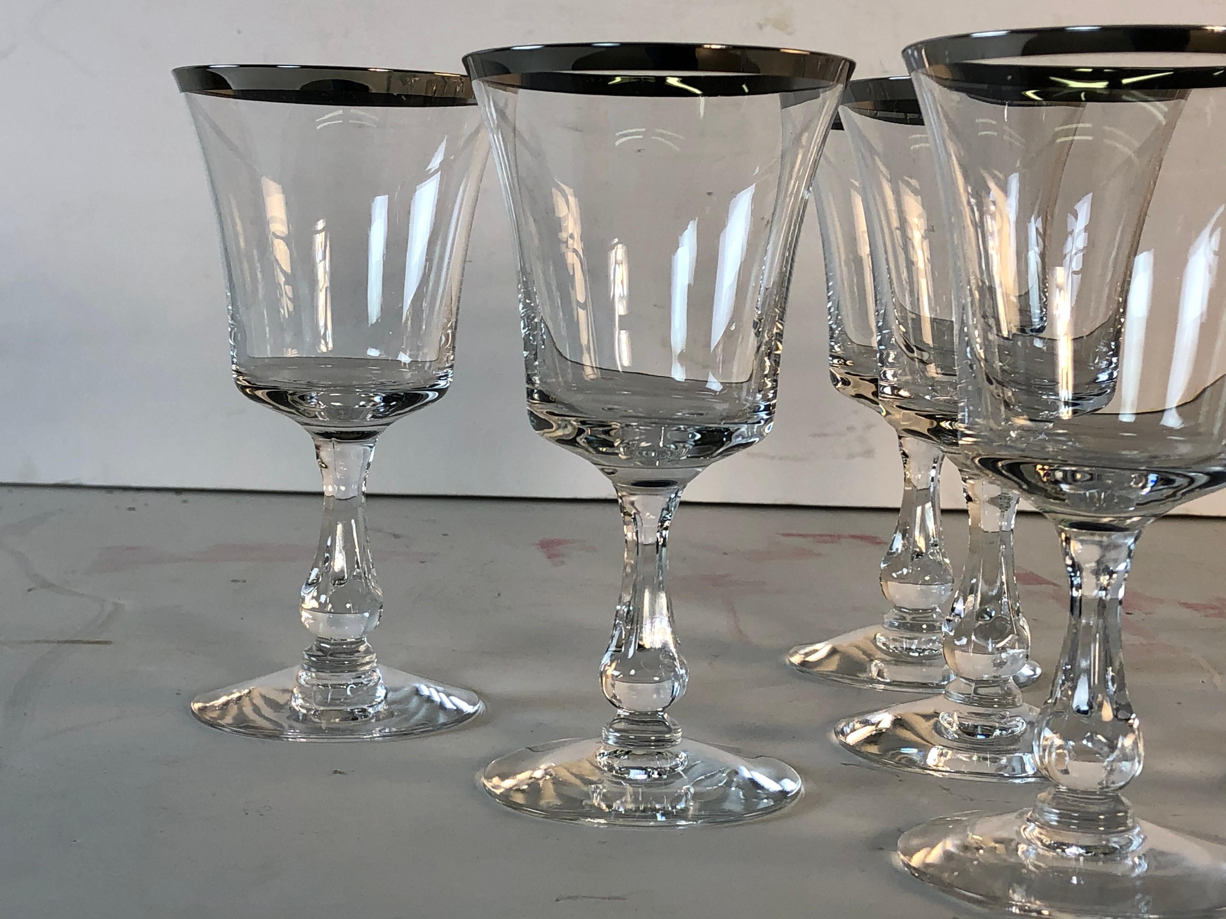 American 1960s Fostoria Platinum Rim Small Wine Glass Stems, Set of 9 For Sale