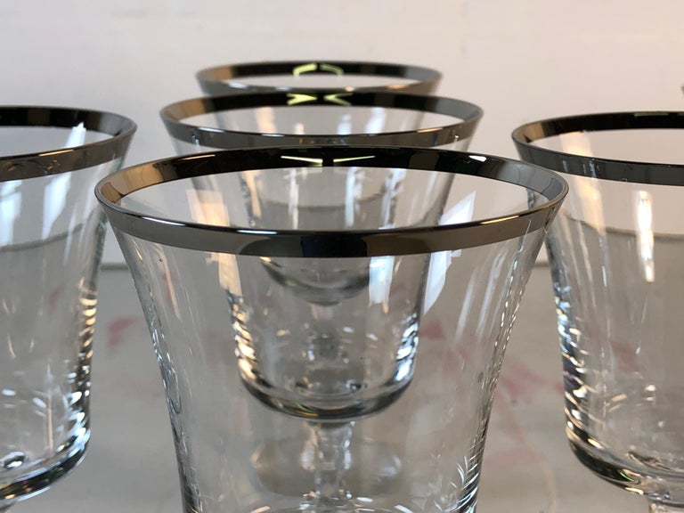 1960s Fostoria Platinum Rim Small Wine Glass Stems, Set of 9 For Sale