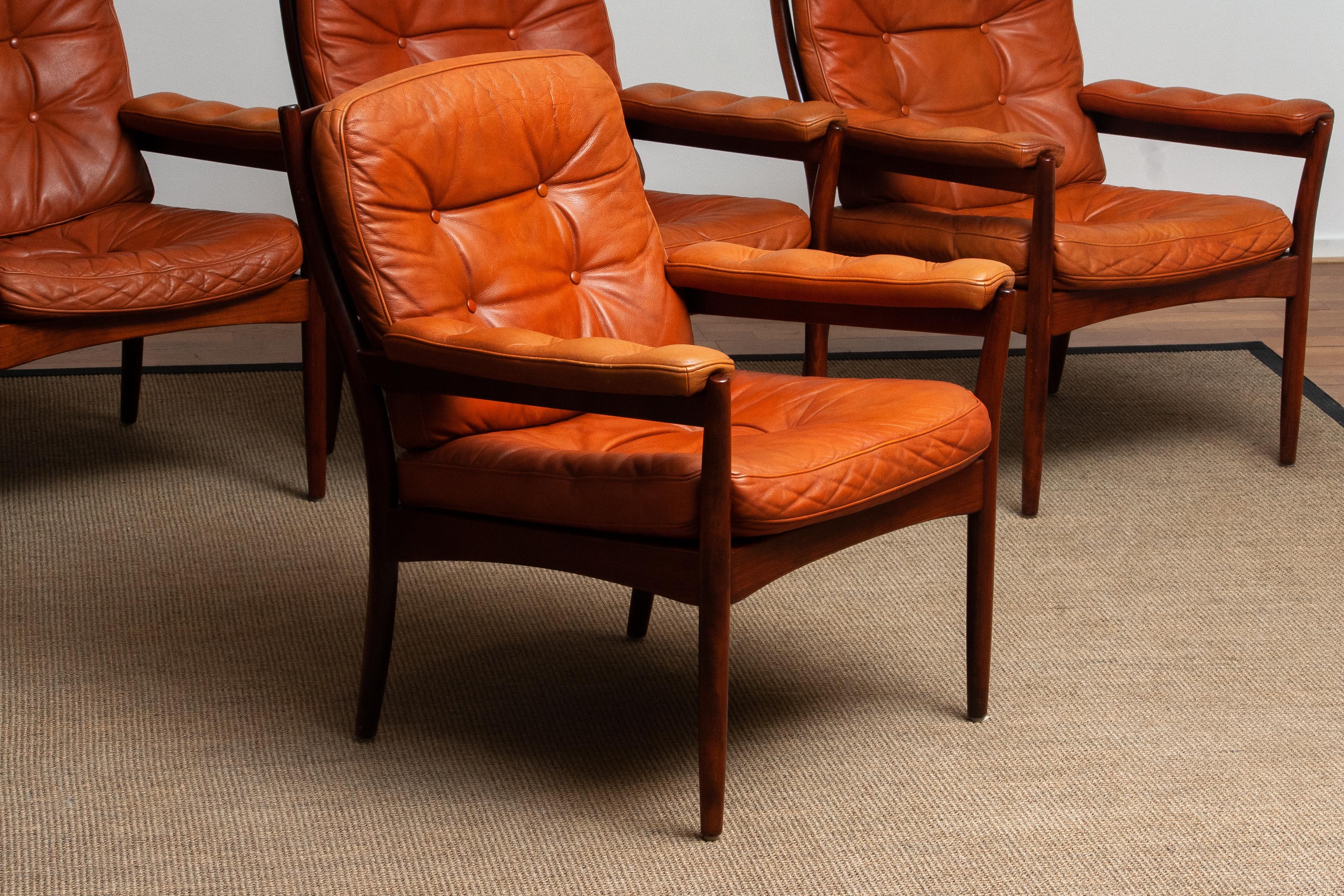 1960s, Four Cognac Leather Easy Chairs Made by Göte Design Nässjö, Sweden 4