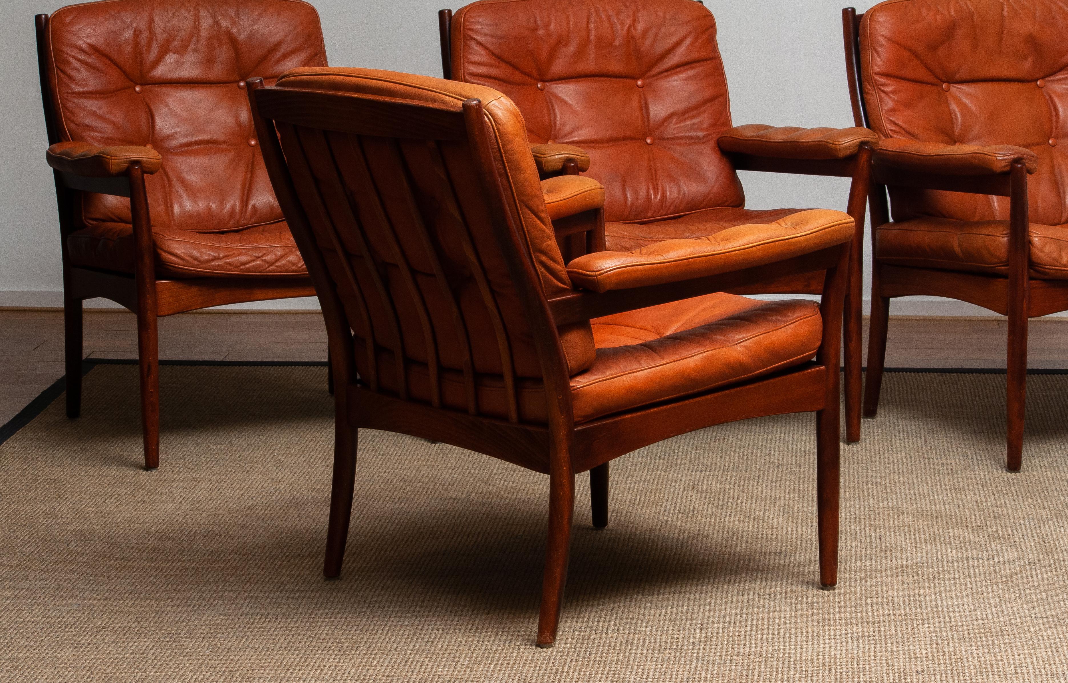 1960s, Four Cognac Leather Easy Chairs Made by Göte Design Nässjö, Sweden 5