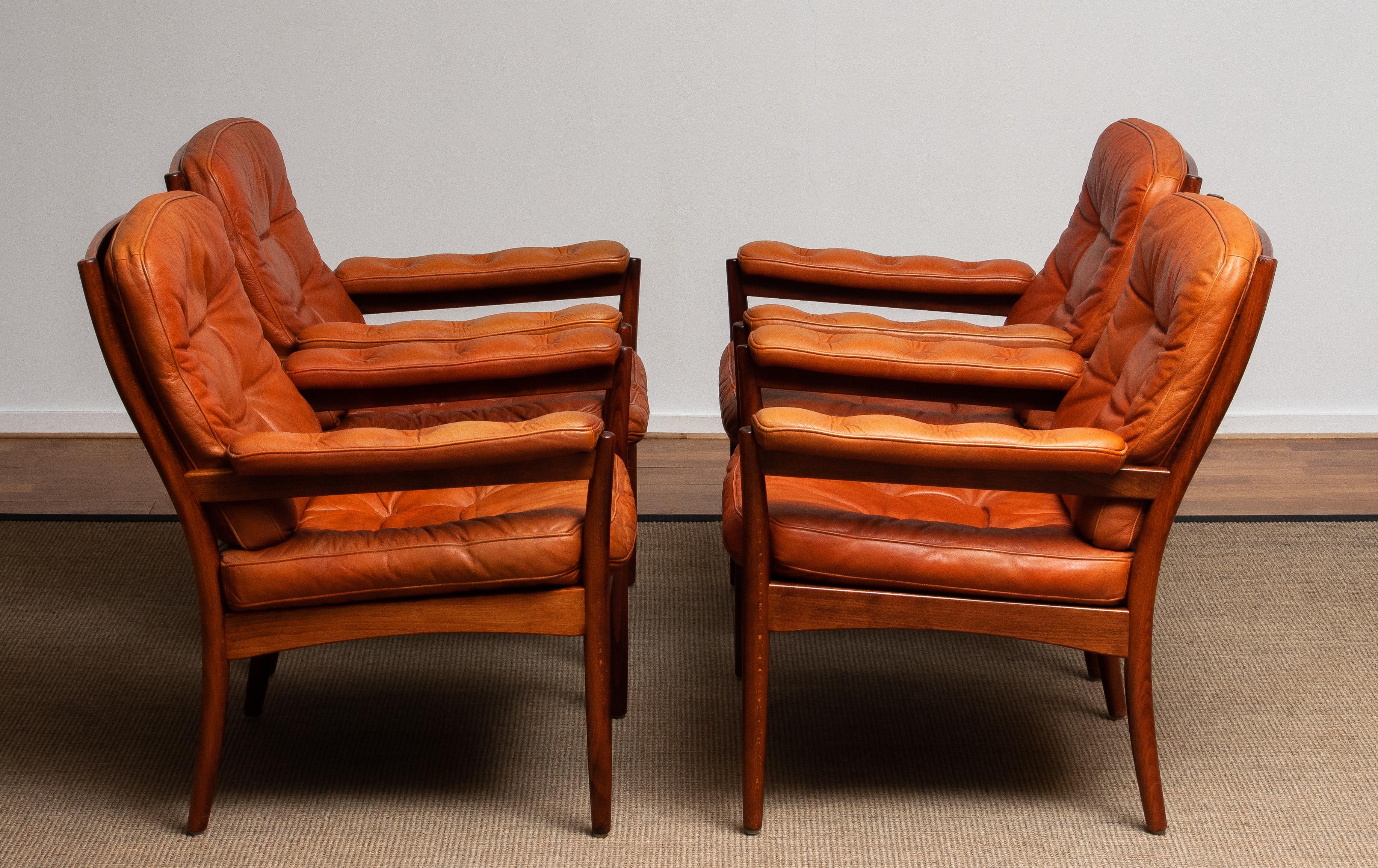 1960s, Four Cognac Leather Easy Chairs Made by Göte Design Nässjö, Sweden 5