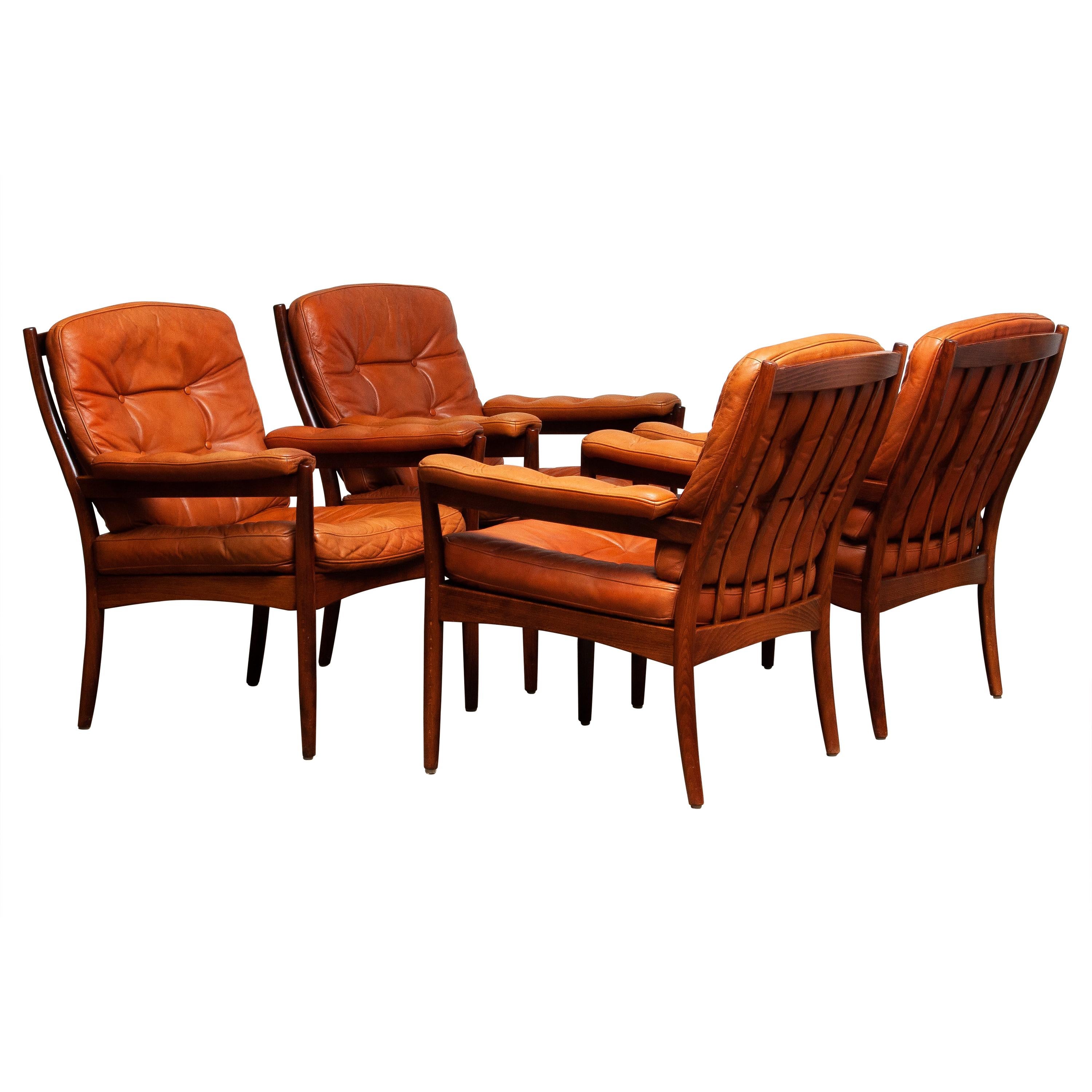 Mid-Century Modern 1960s, Four Cognac Leather Easy Chairs Made by Göte Design Nässjö, Sweden