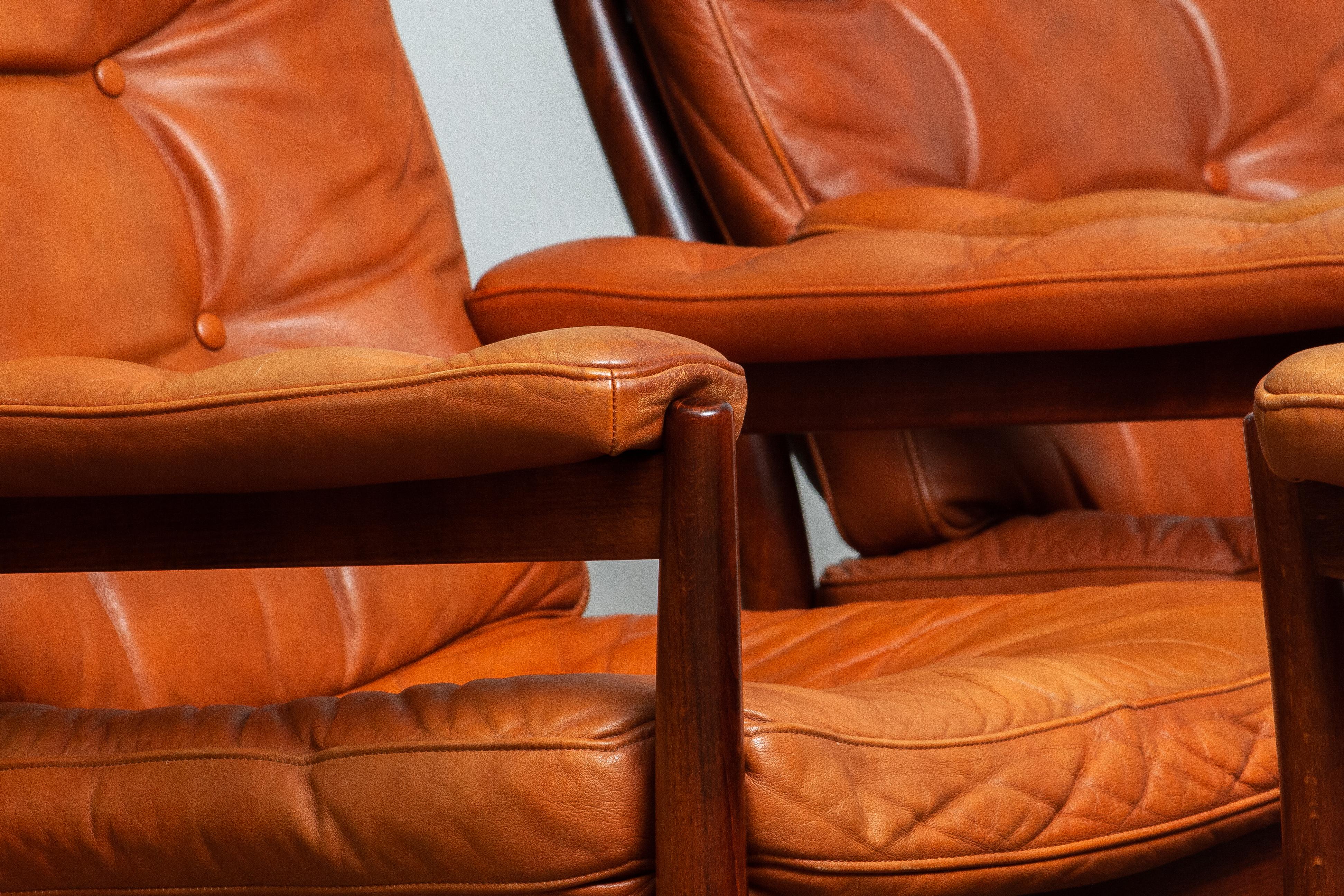 1960s, Four Cognac Leather Easy Chairs Made by Göte Design Nässjö, Sweden In Good Condition In Silvolde, Gelderland