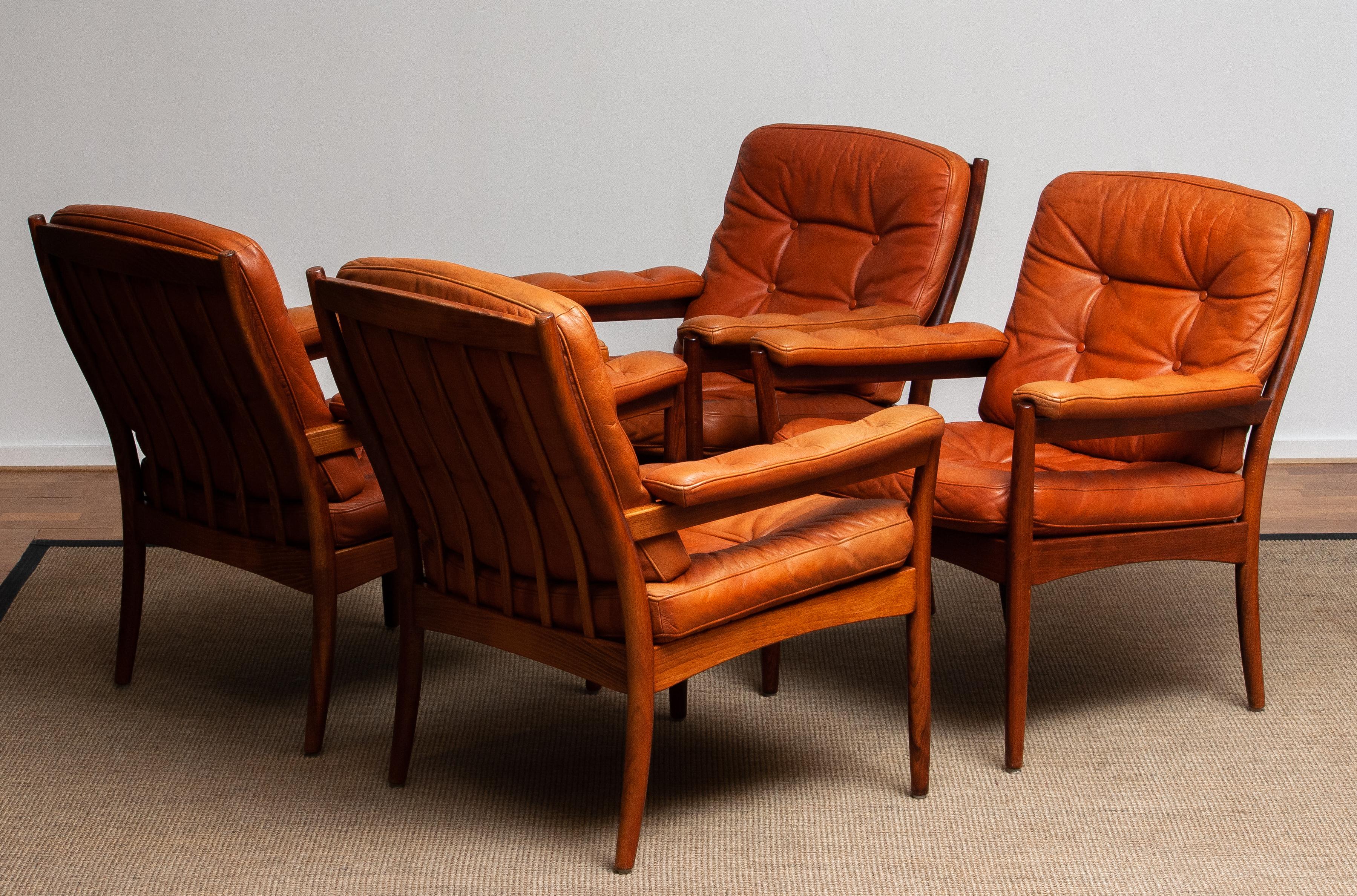 1960s, Four Cognac Leather Easy Chairs Made by Göte Design Nässjö, Sweden 2