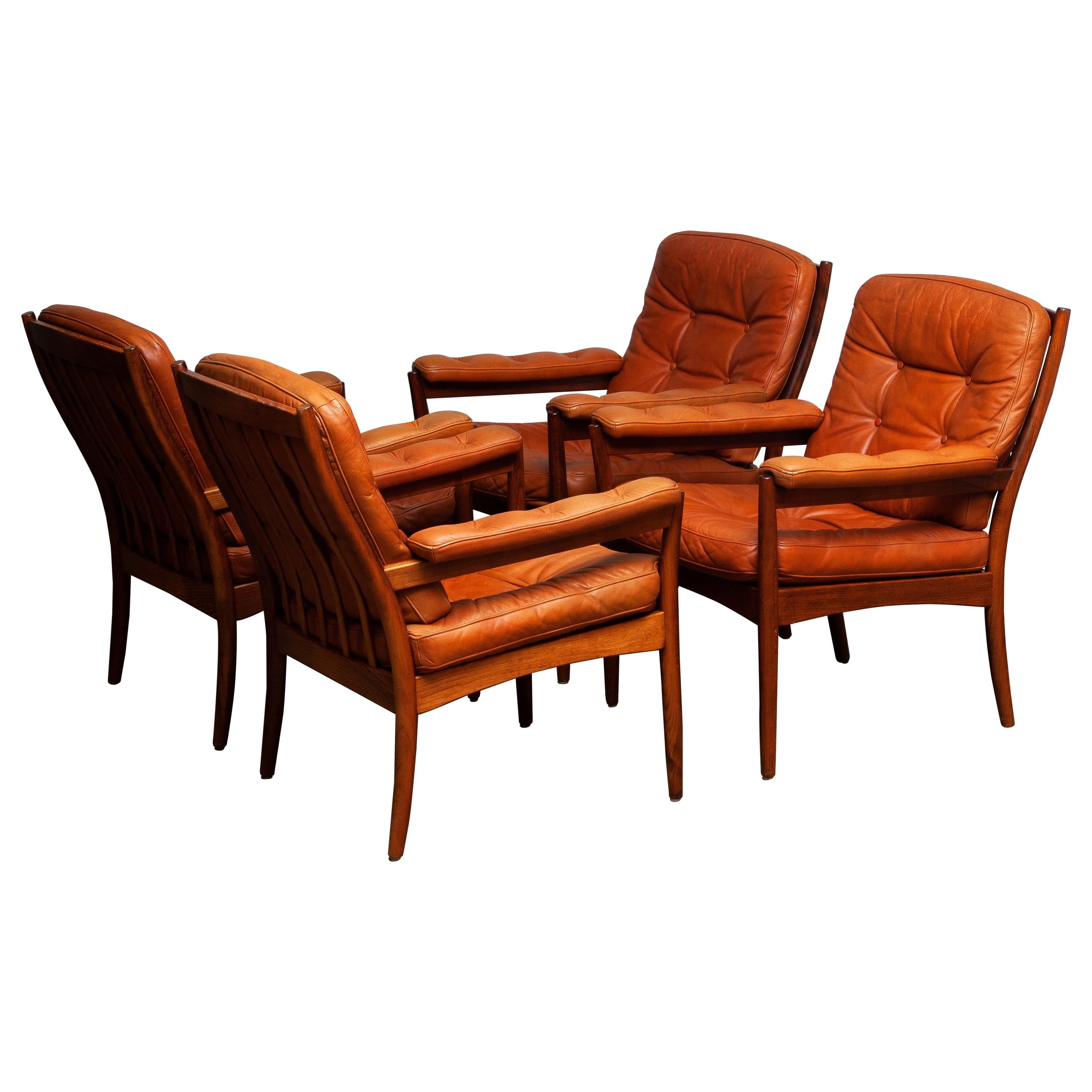 1960s, Four Cognac Leather Easy Chairs Made by Göte Design Nässjö, Sweden
