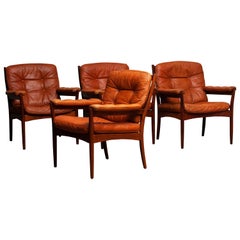 1960s, Four Cognac Leather Easy Chairs Made by Göte Design Nässjö, Sweden