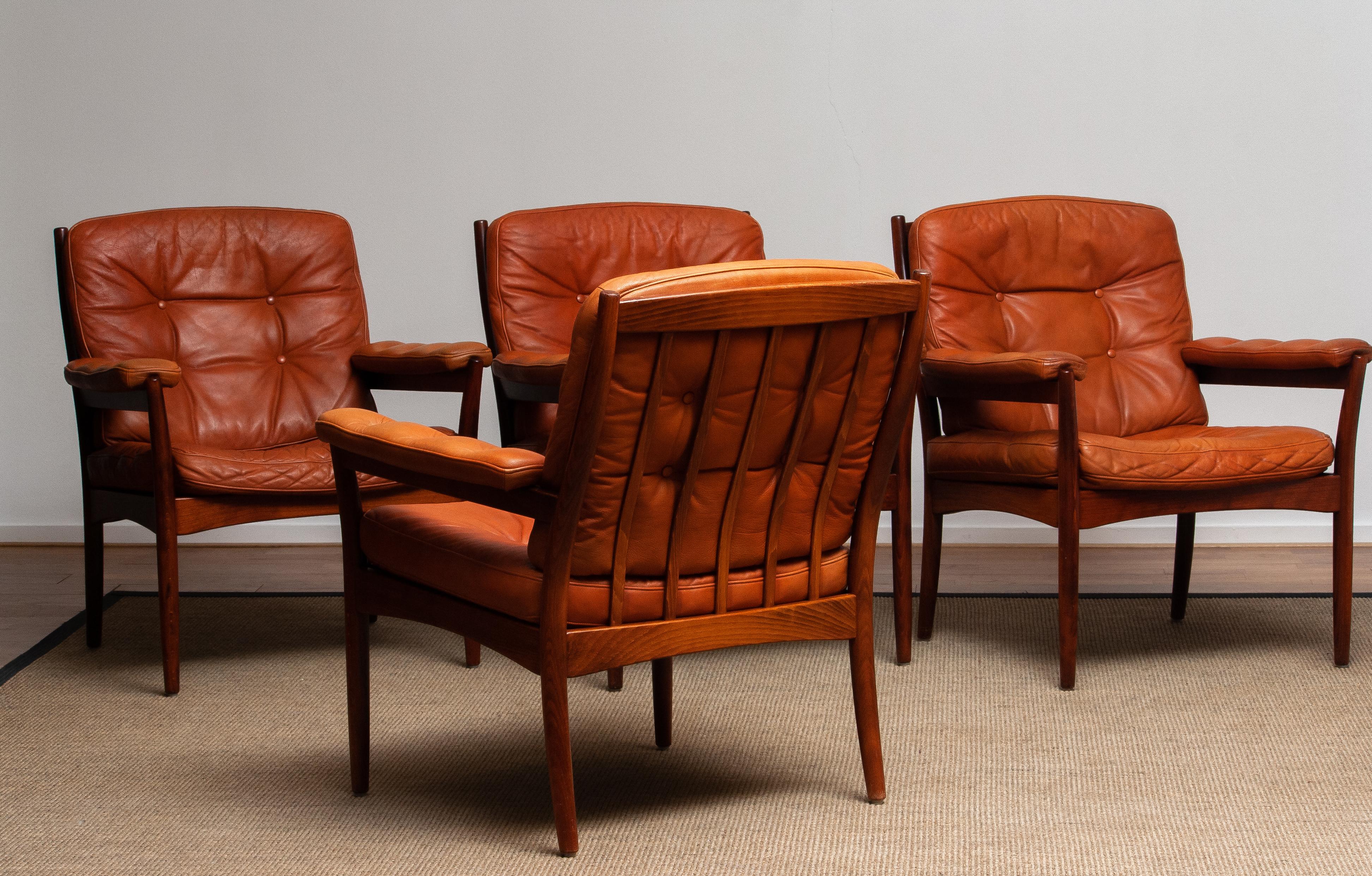 1960s, Four Congac Leather Easy Chairs Made by Göte Design Nässjö Sweden 6