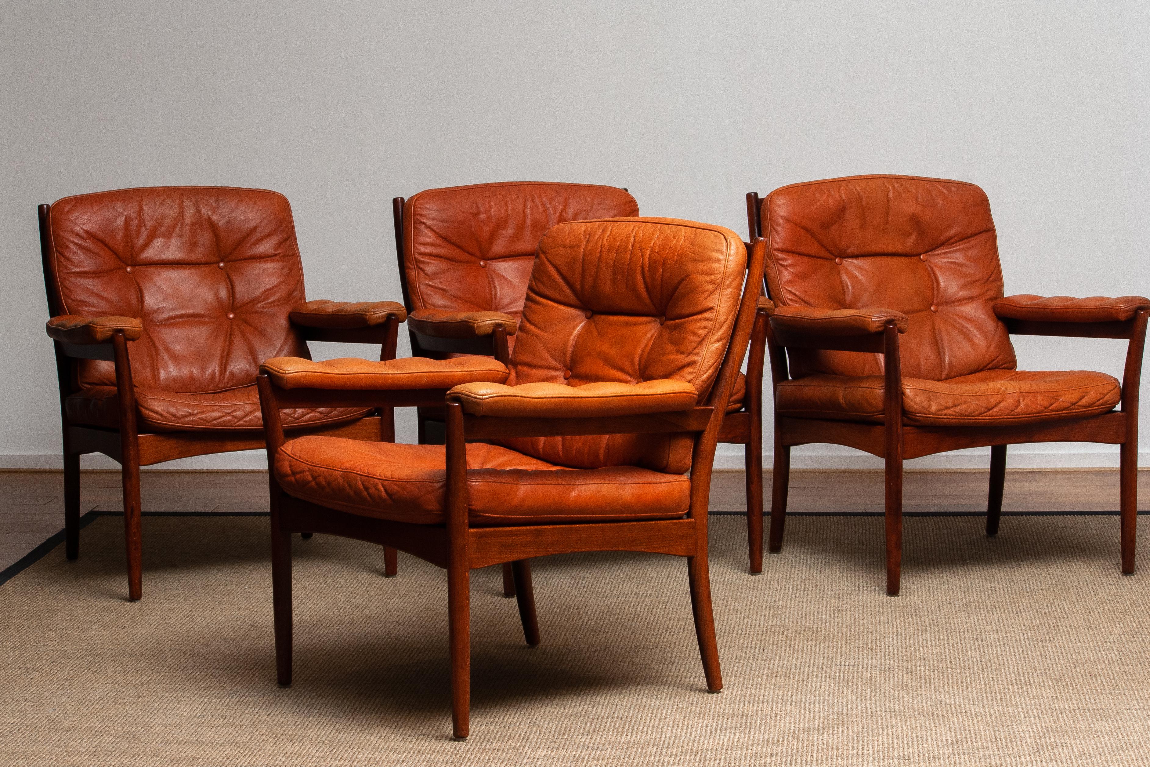 1960s, Four Congac Leather Easy Chairs Made by Göte Design Nässjö Sweden 7