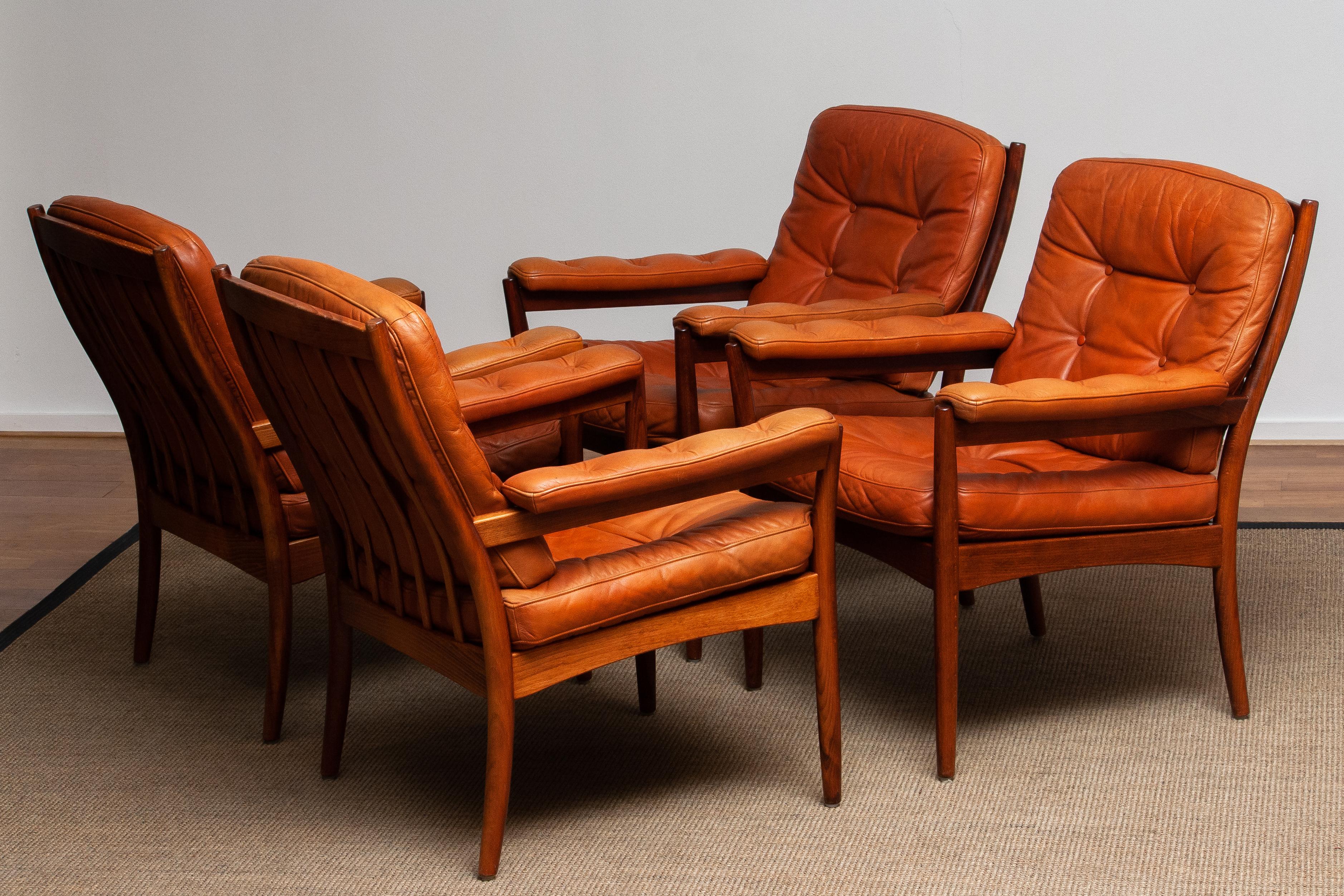 Mid-20th Century 1960s, Four Congac Leather Easy Chairs Made by Göte Design Nässjö Sweden