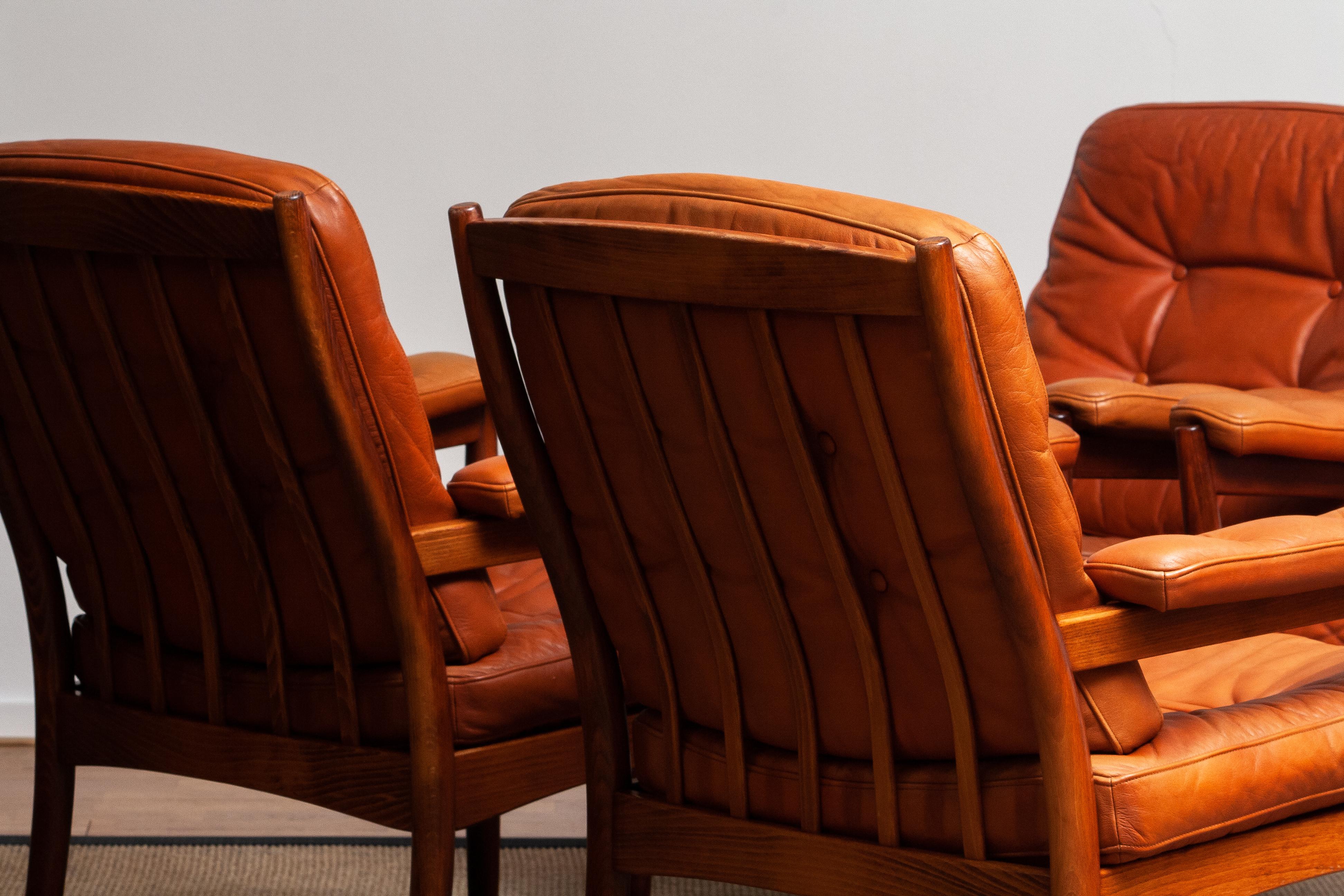 1960s, Four Congac Leather Easy Chairs Made by Göte Design Nässjö Sweden 1