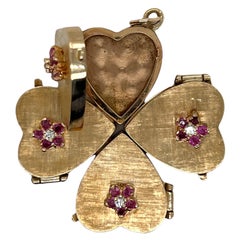 1960's Four Leaf Clover Diamond Ruby 14 Karat Yellow Gold Vintage Locket Charm