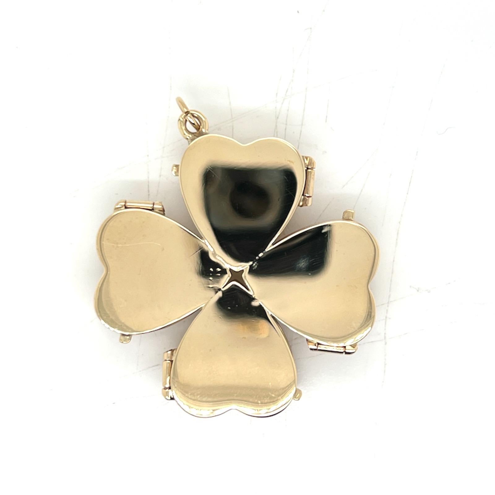 Round Cut 1960's Four Leaf Clover Diamond Ruby 14 Karat Yellow Gold Vintage Locket Charm