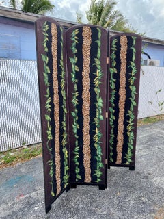 1960s Four Panels Arch Reversed Leopard Tiger Hand Painted Floral Screen Divider