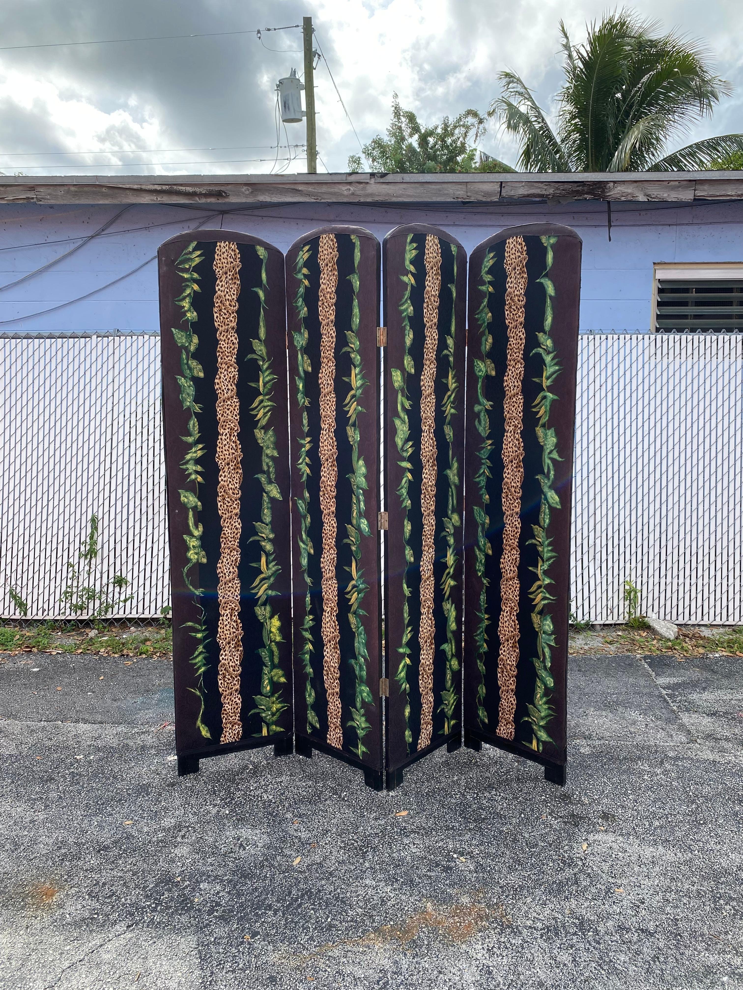 African 1960s Four Panels upholstered Leopard Tiger Hand Painted Floral Screen Divider For Sale