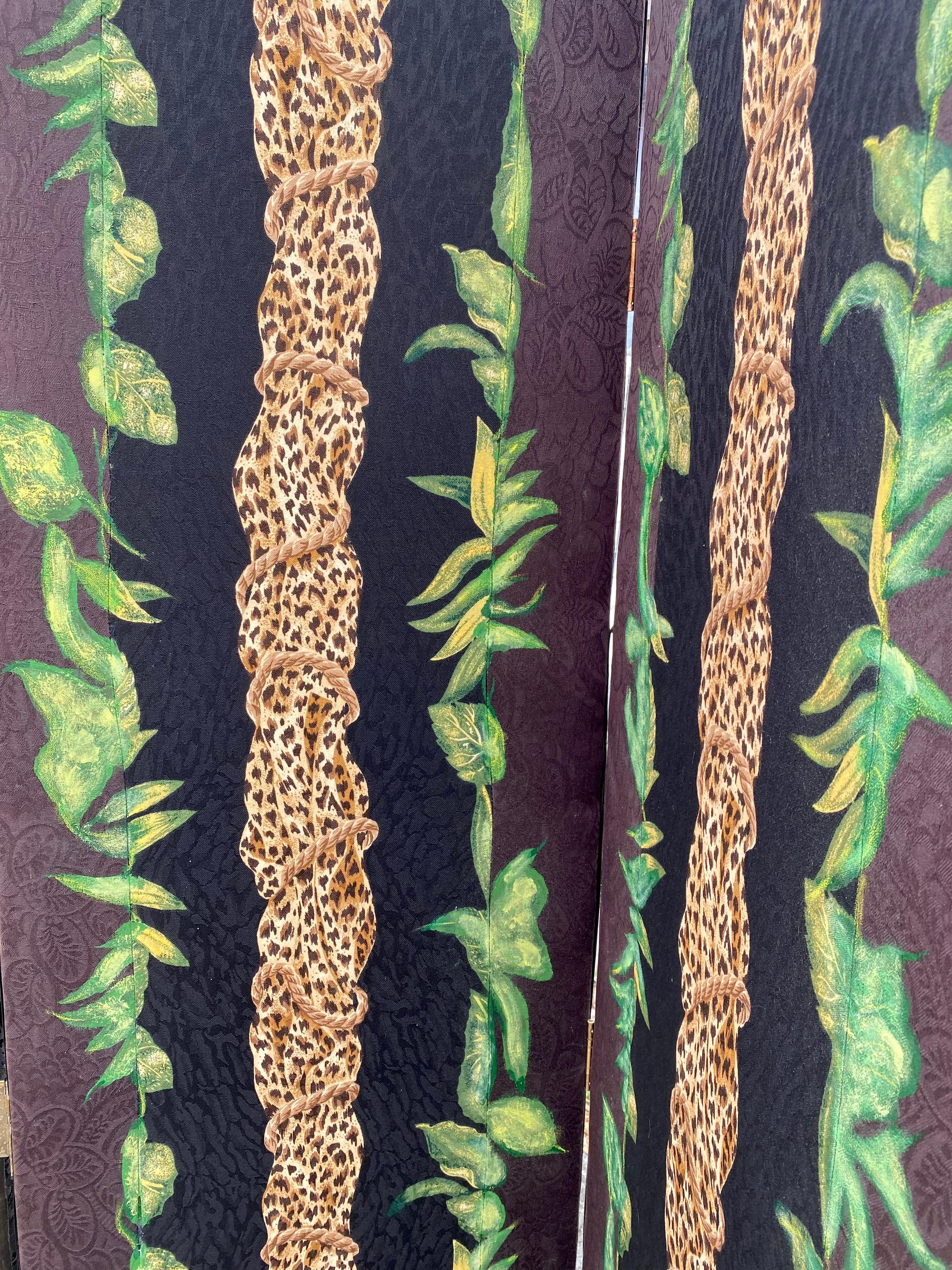 1960s Four Panels upholstered Leopard Tiger Hand Painted Floral Screen Divider In Good Condition For Sale In Fort Lauderdale, FL