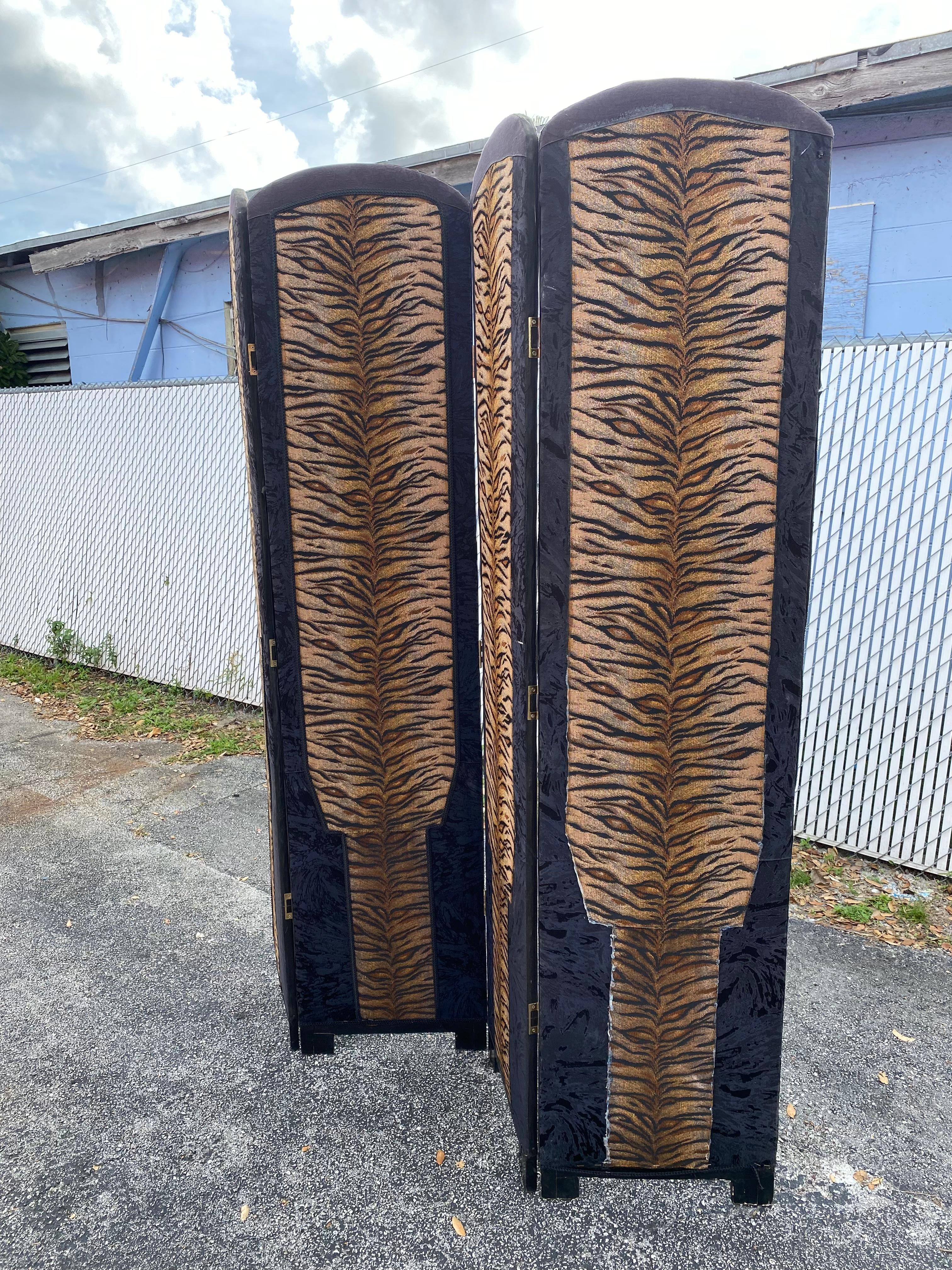 Upholstery 1960s Four Panels upholstered Leopard Tiger Hand Painted Floral Screen Divider For Sale