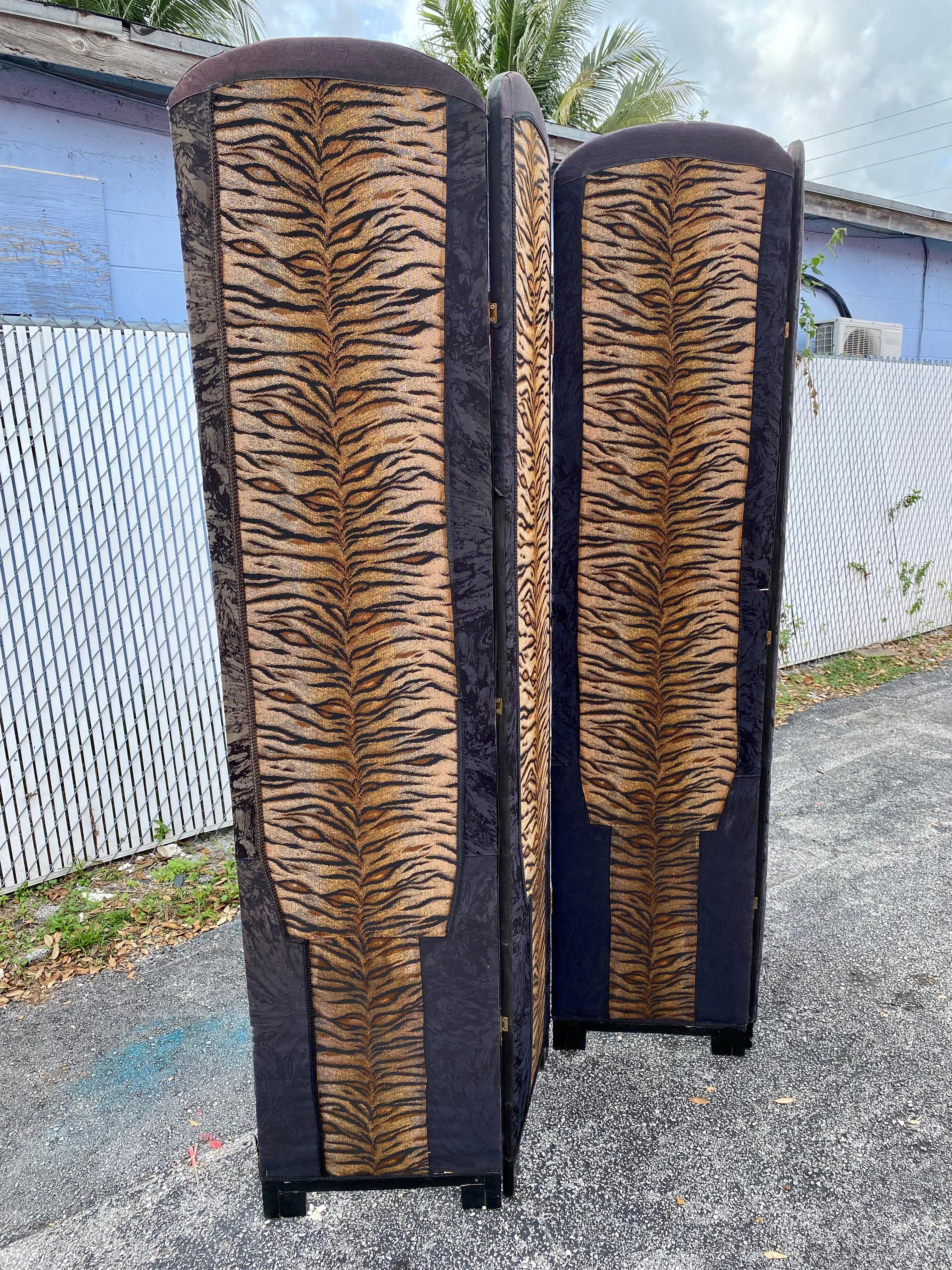 1960s Four Panels upholstered Leopard Tiger Hand Painted Floral Screen Divider For Sale 1