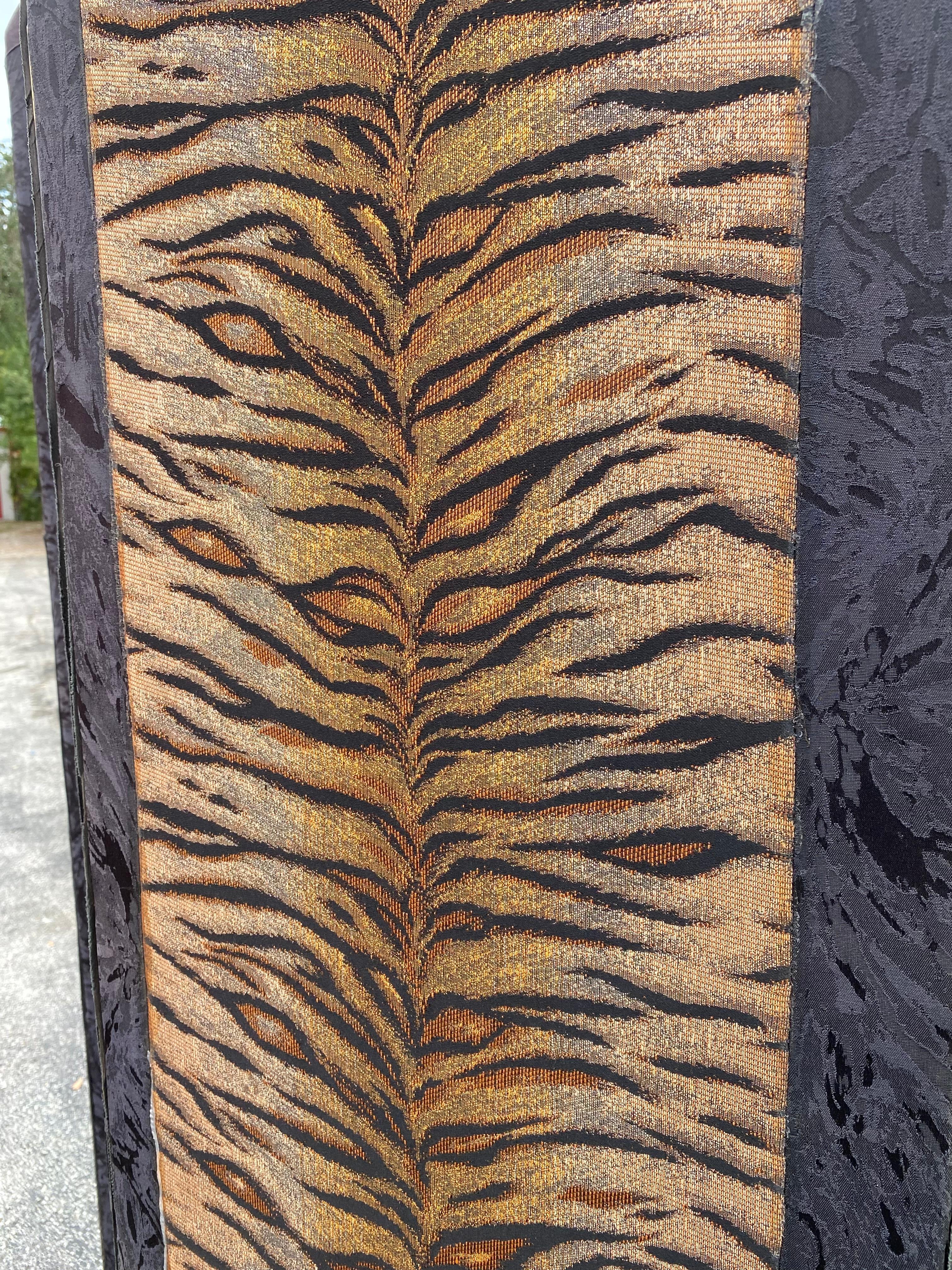 1960s Four Panels upholstered Leopard Tiger Hand Painted Floral Screen Divider For Sale 2