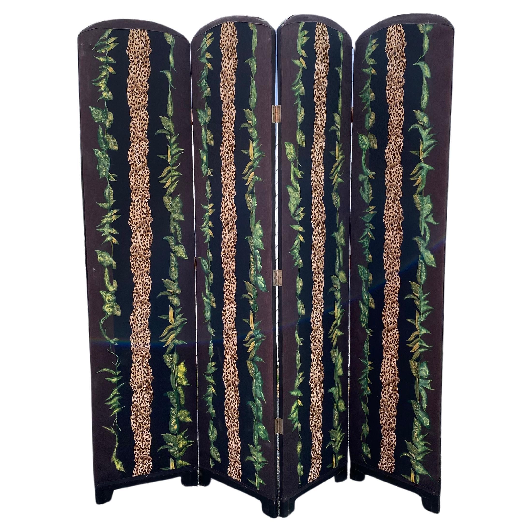 1960s Cuatro Paneles Arco Invertido Tigre Leopardo Pintado a Mano Biombo Floral