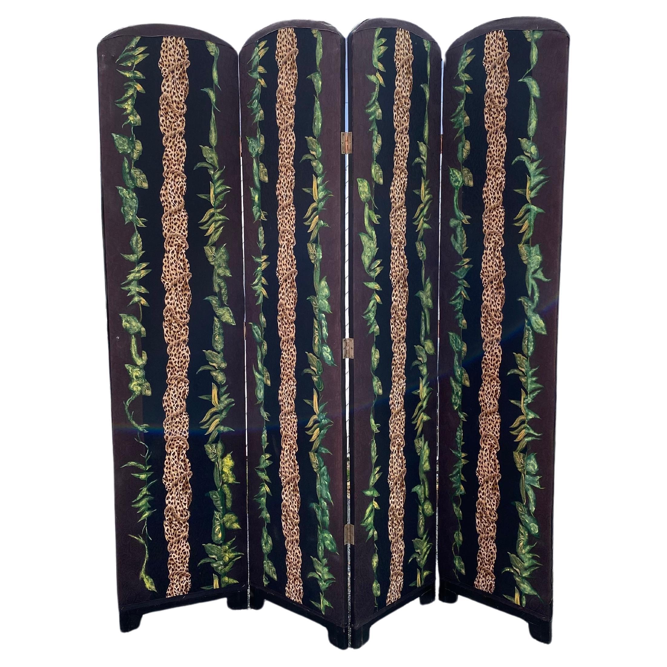 1960s Four Panels upholstered Leopard Tiger Hand Painted Floral Screen Divider