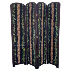 1960s Four Panels upholstered Leopard Tiger Hand Painted Floral Screen Divider