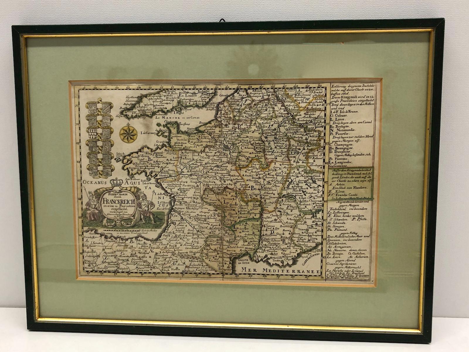 An extraordinary original antique map, framed in the 1970s by Brehm Nuremberg, Germany, showing the Country of France. Map is dated 1740 and approx. 10 ¼