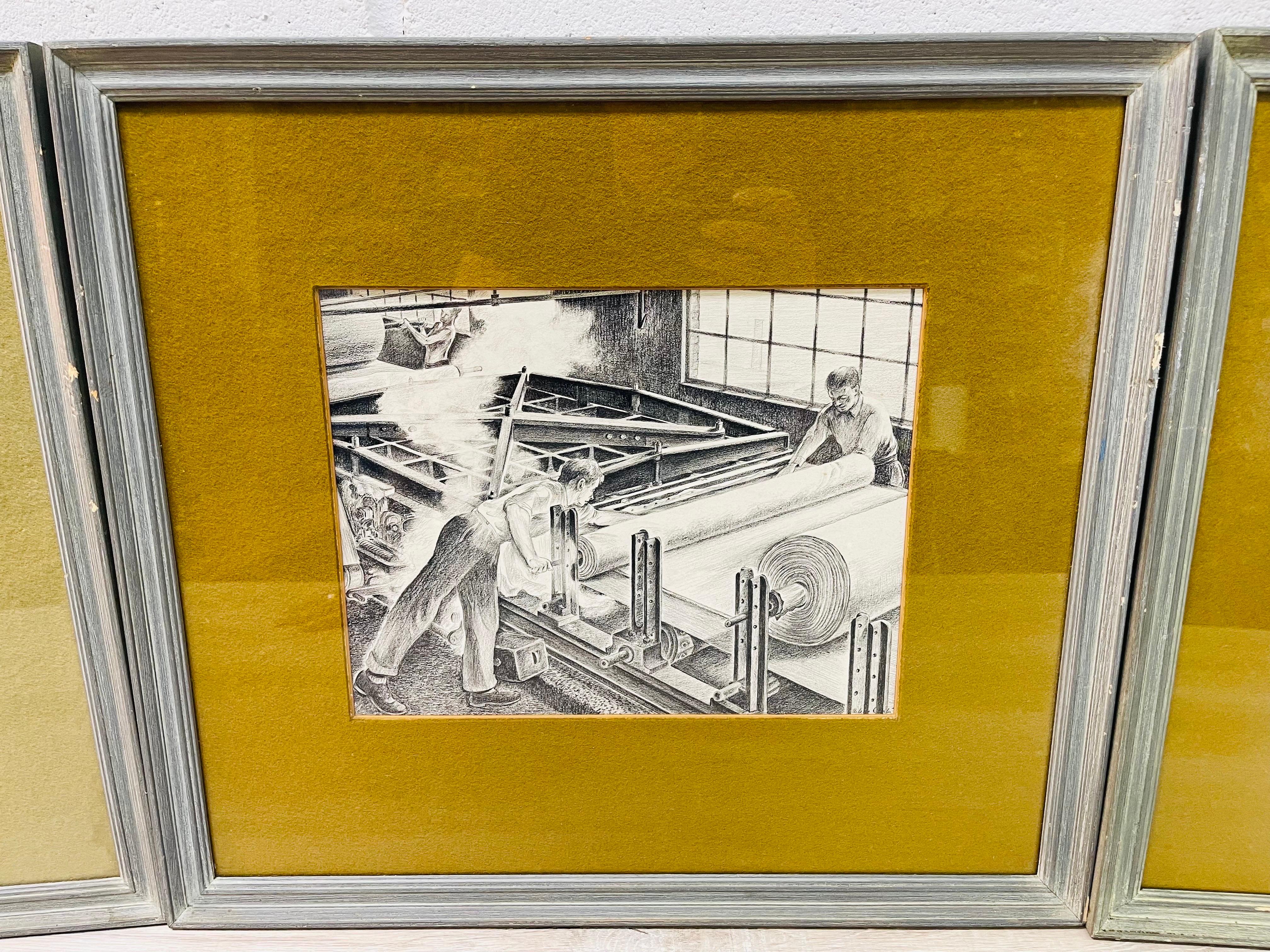 Vintage 1960s set of three framed Industrial scene wall prints. The prints show different parts of making industrial fabric in black and white. Matted in green with matching wood frames. The prints are well done with great detail. Marked: Helene