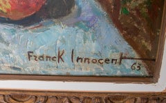 1960s Franck Innocent Still life in oil "Nature Morte au Tapis Bleu"