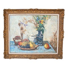 1960s Franck Innocent Still life in oil "Nature Morte au Tapis Bleu"