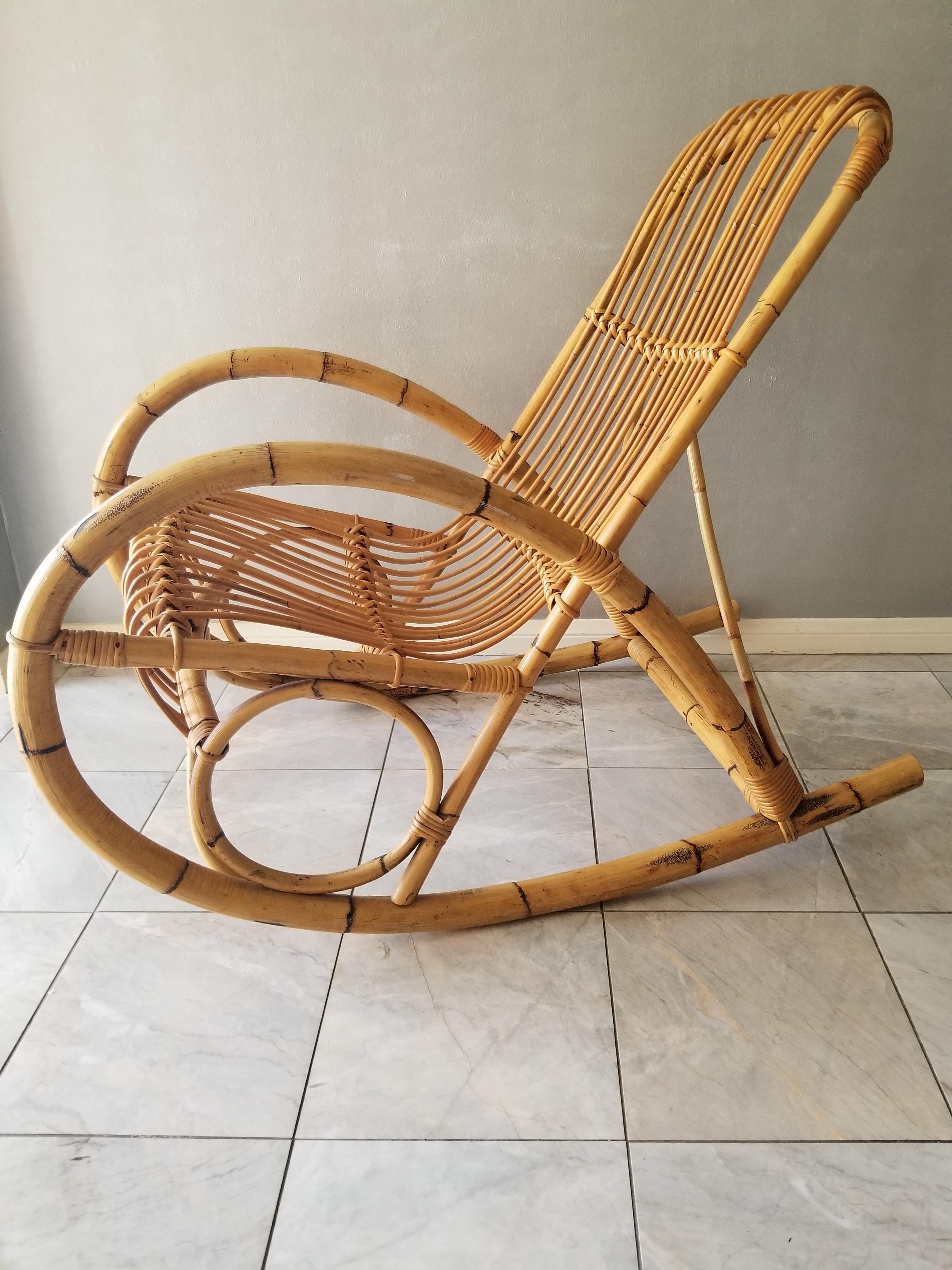 Italian 1960s Franco Albini Rocker Lounge Chair Cool Curves Bamboo & Rattan ITALY