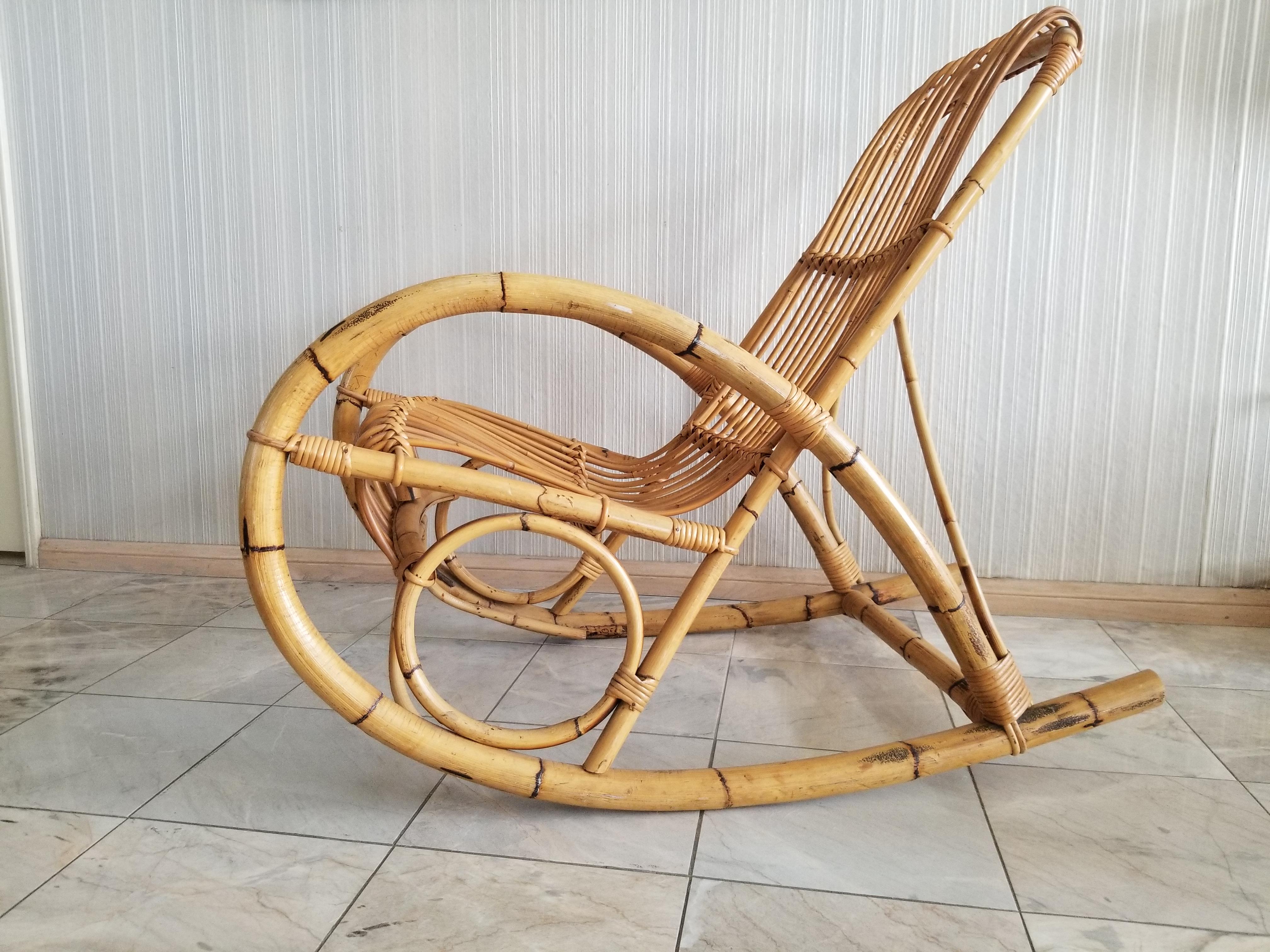 Mid-Century Modern 1960s Franco Albini Rocker Lounge Chair Cool Curves Bamboo & Rattan ITALY