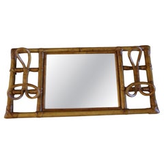 1960s Franco Albini Style Rattan and Bamboo Wall Mirror Coat Rack