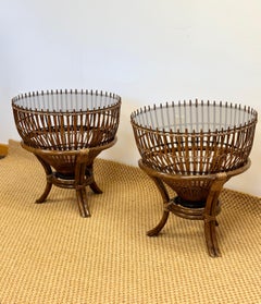 1960s Franco Albini Style Rattan Bamboo Fishing Basket Tables – a Pair