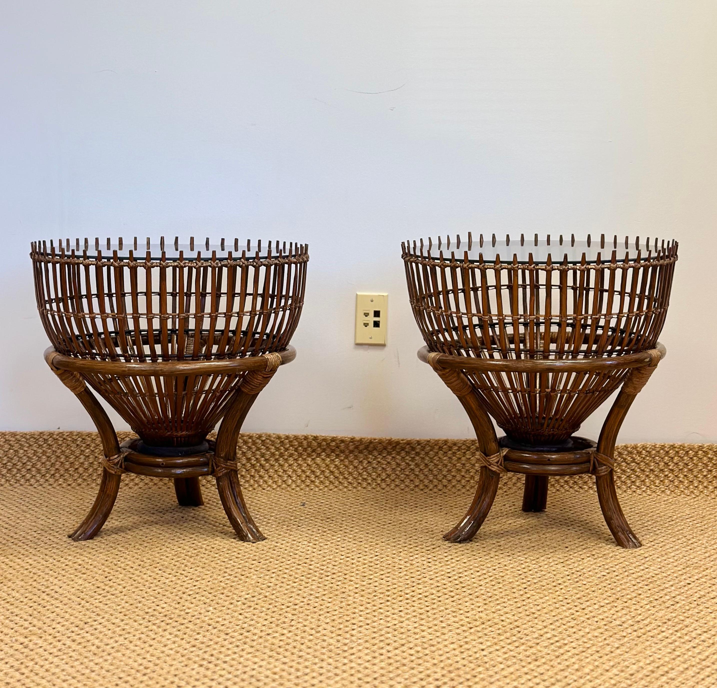 Mid-Century Modern 1960s Franco Albini Style Rattan Bamboo Fishing Basket Tables – a Pair For Sale