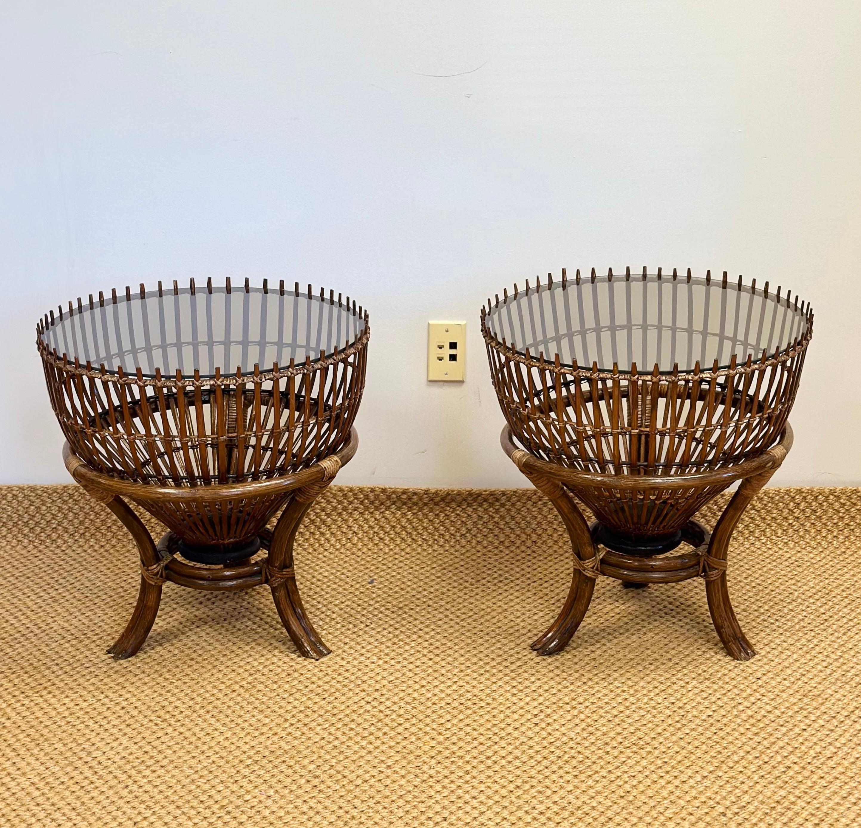 Italian 1960s Franco Albini Style Rattan Bamboo Fishing Basket Tables – a Pair For Sale