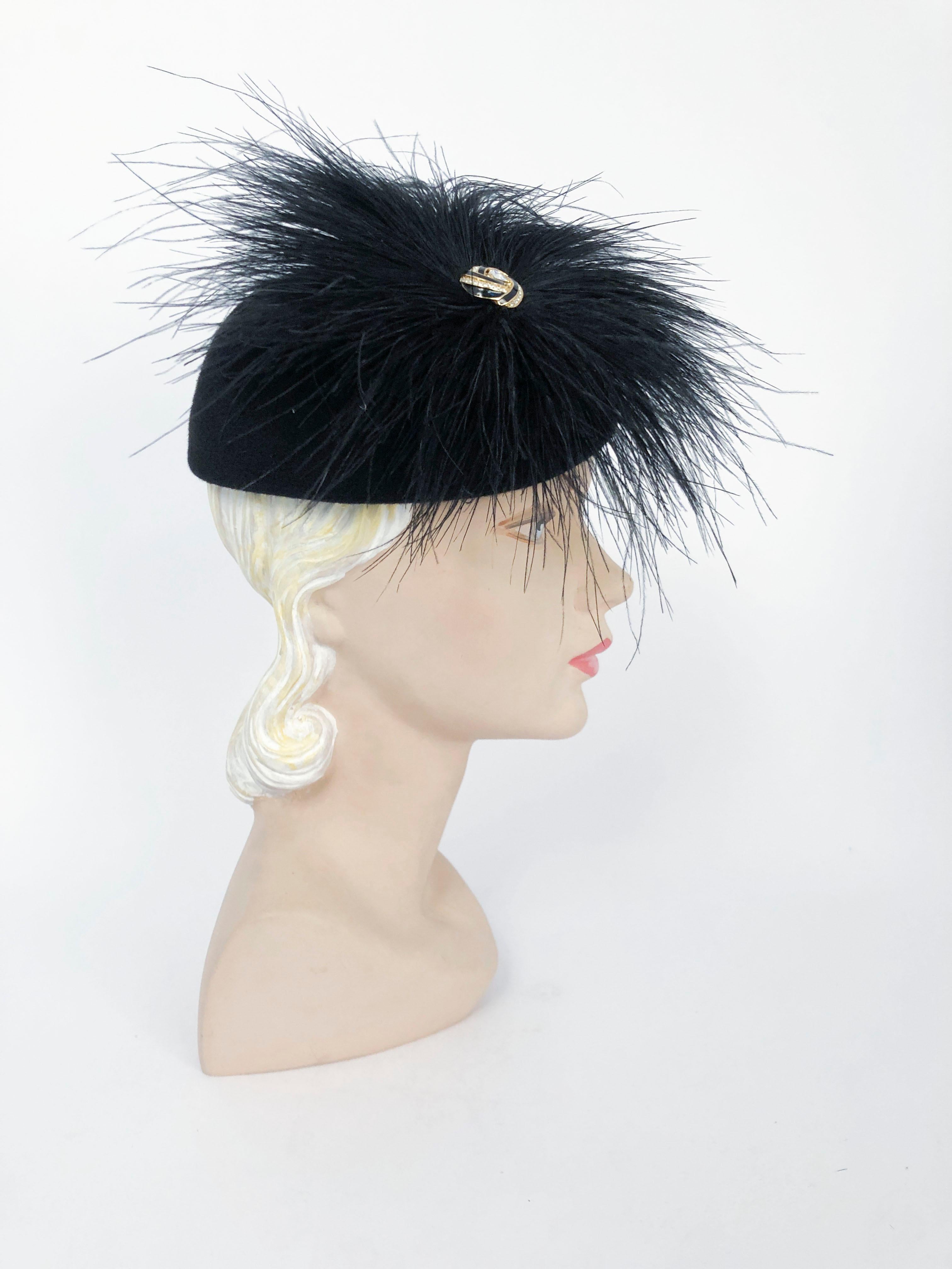 1960s Frank Olive Black Cashmere Hat with Feather Accent In Good Condition In San Francisco, CA