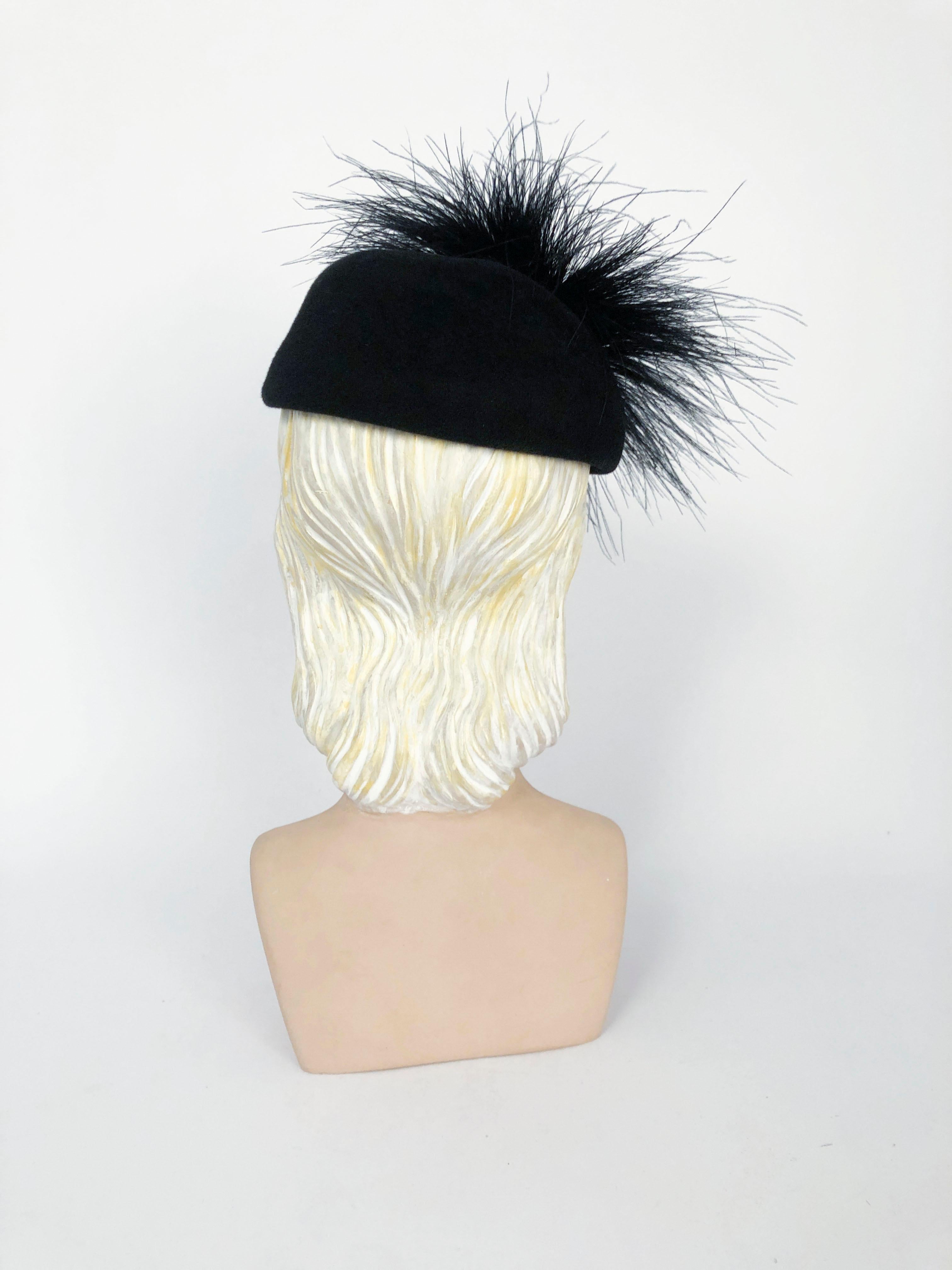 1960s Frank Olive Black Cashmere Hat with Feather Accent 1