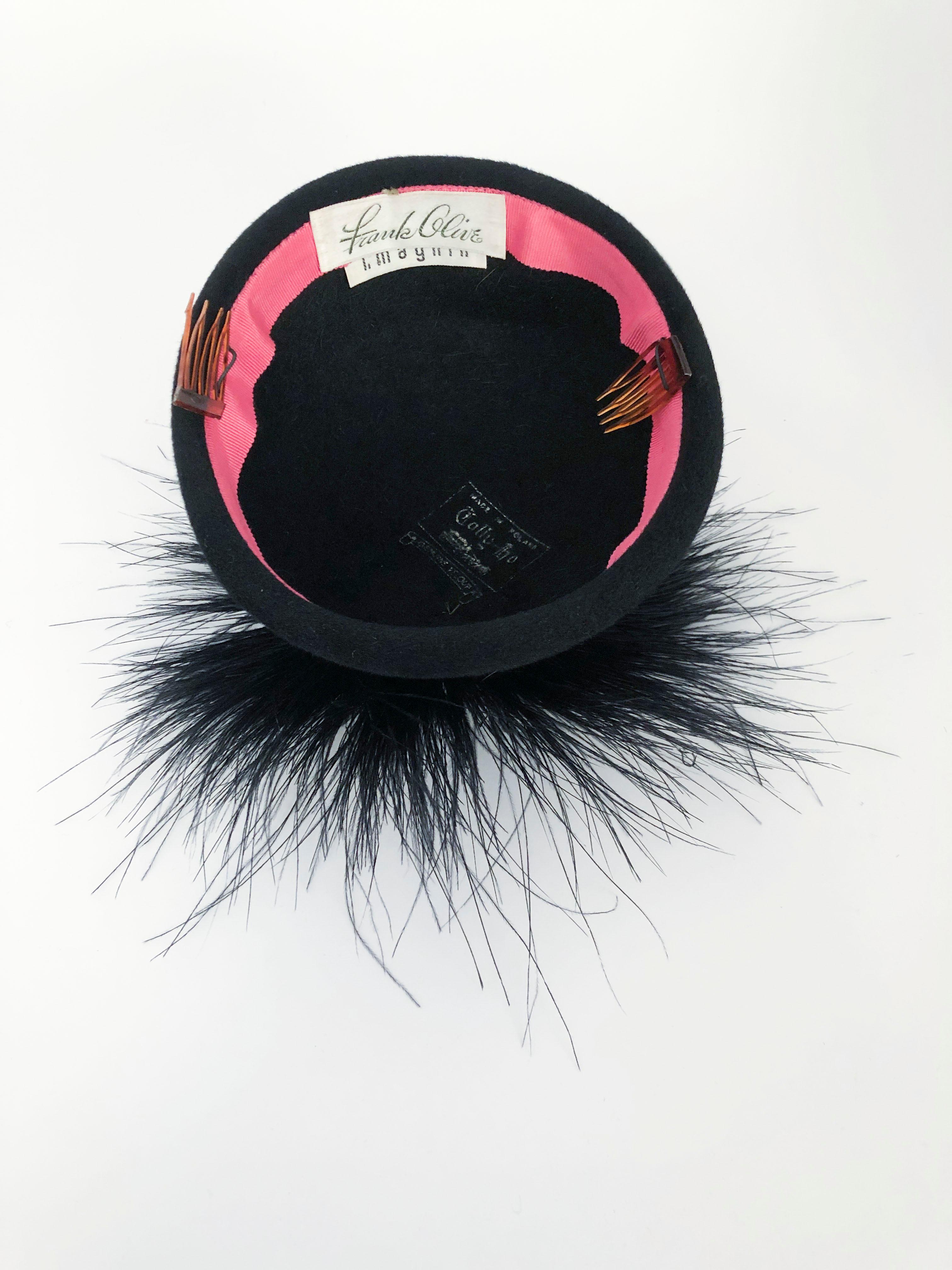 1960s Frank Olive Black Cashmere Hat with Feather Accent 2