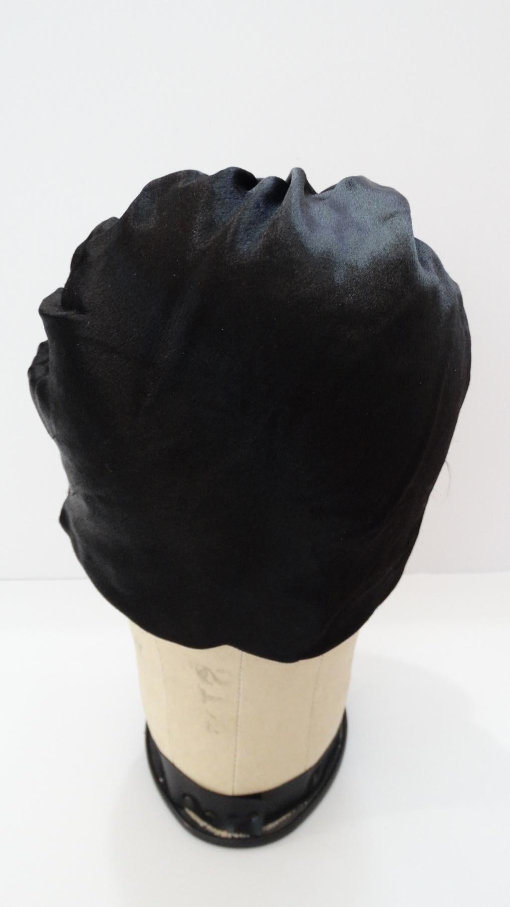 1960s Frank Olive Black Satin Rose Turban 1