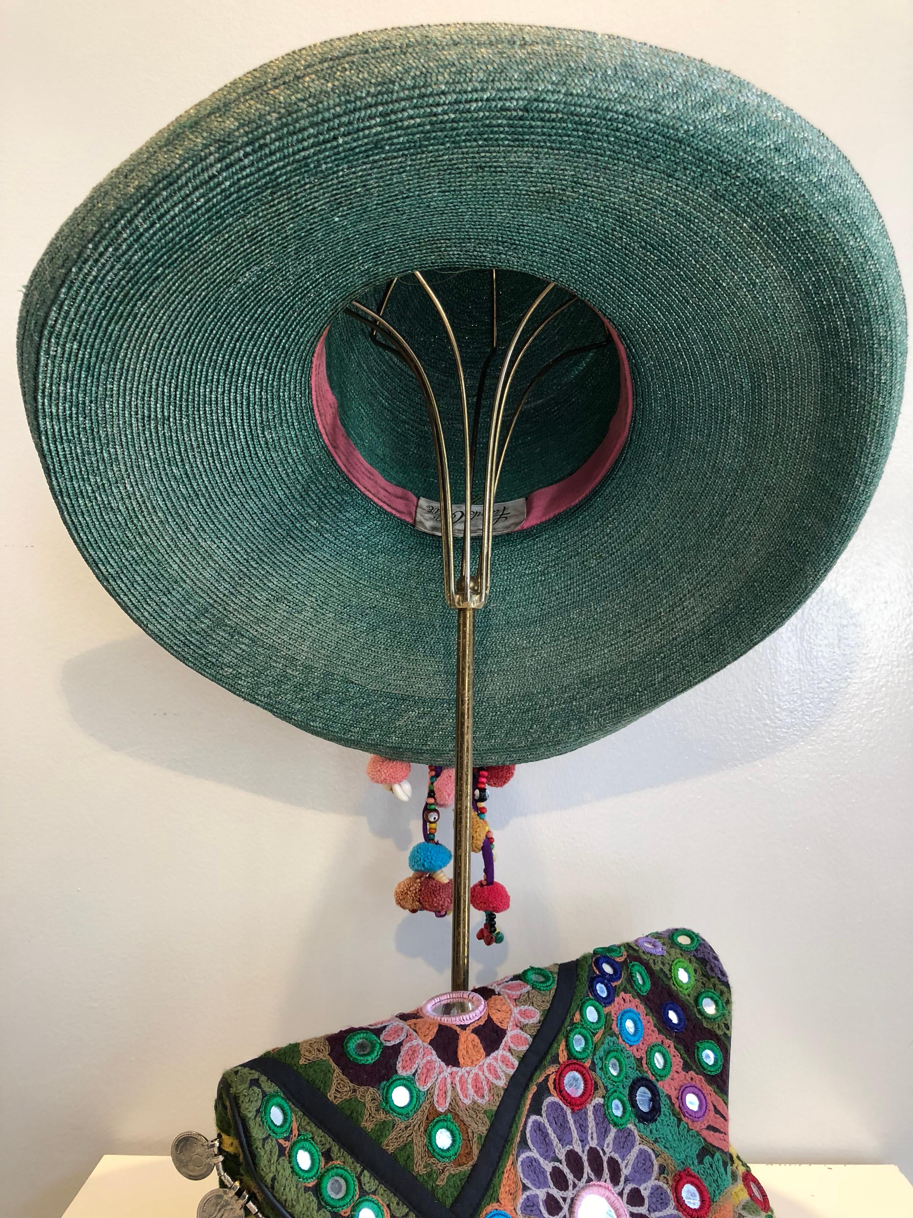 1960s Frank Olive Jade Green Straw Hat & Moroccan Textile Boho Clutch 10
