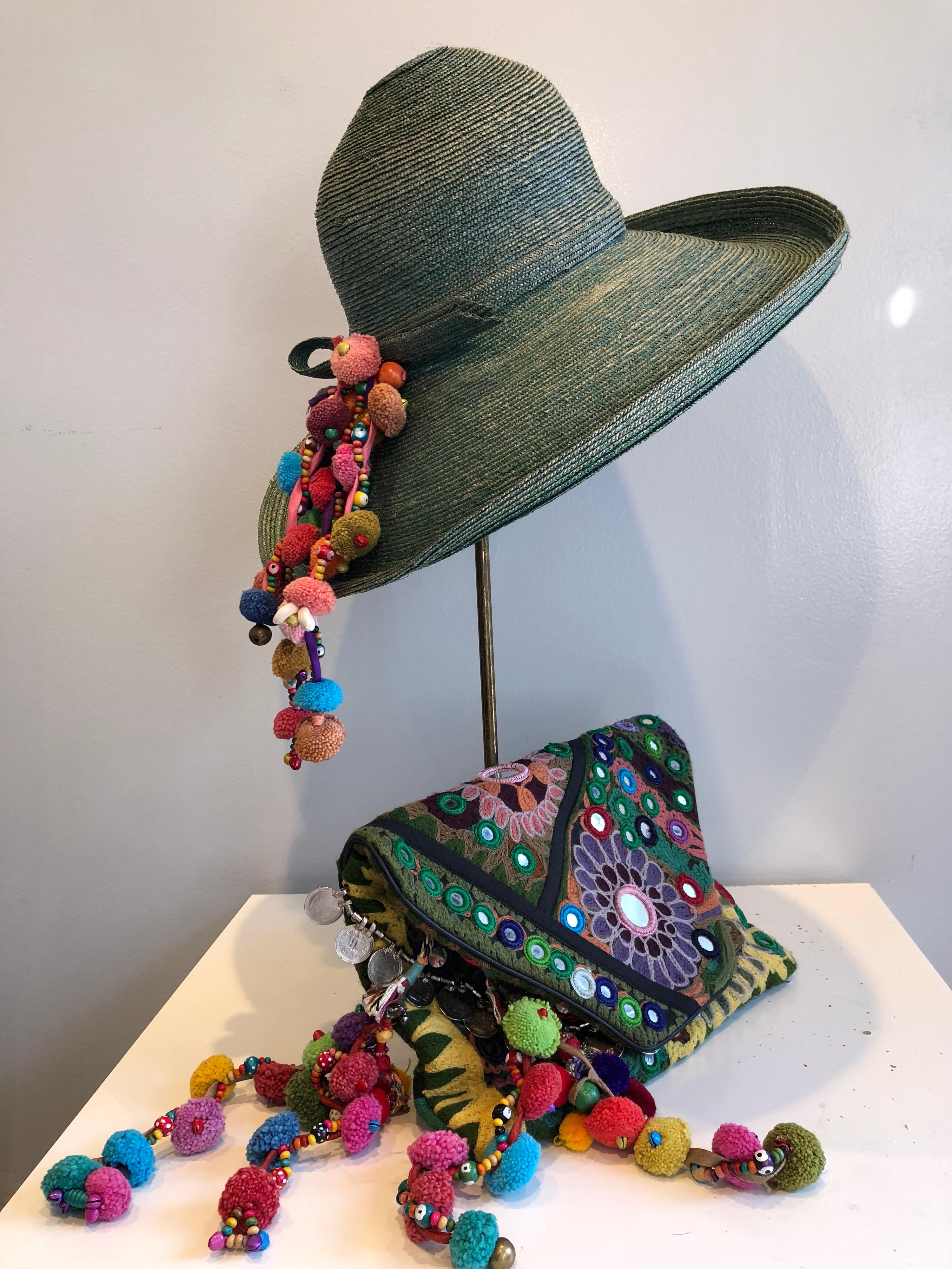 1960s Frank Olive Jade Green Straw Hat & Moroccan Textile Boho Clutch 12