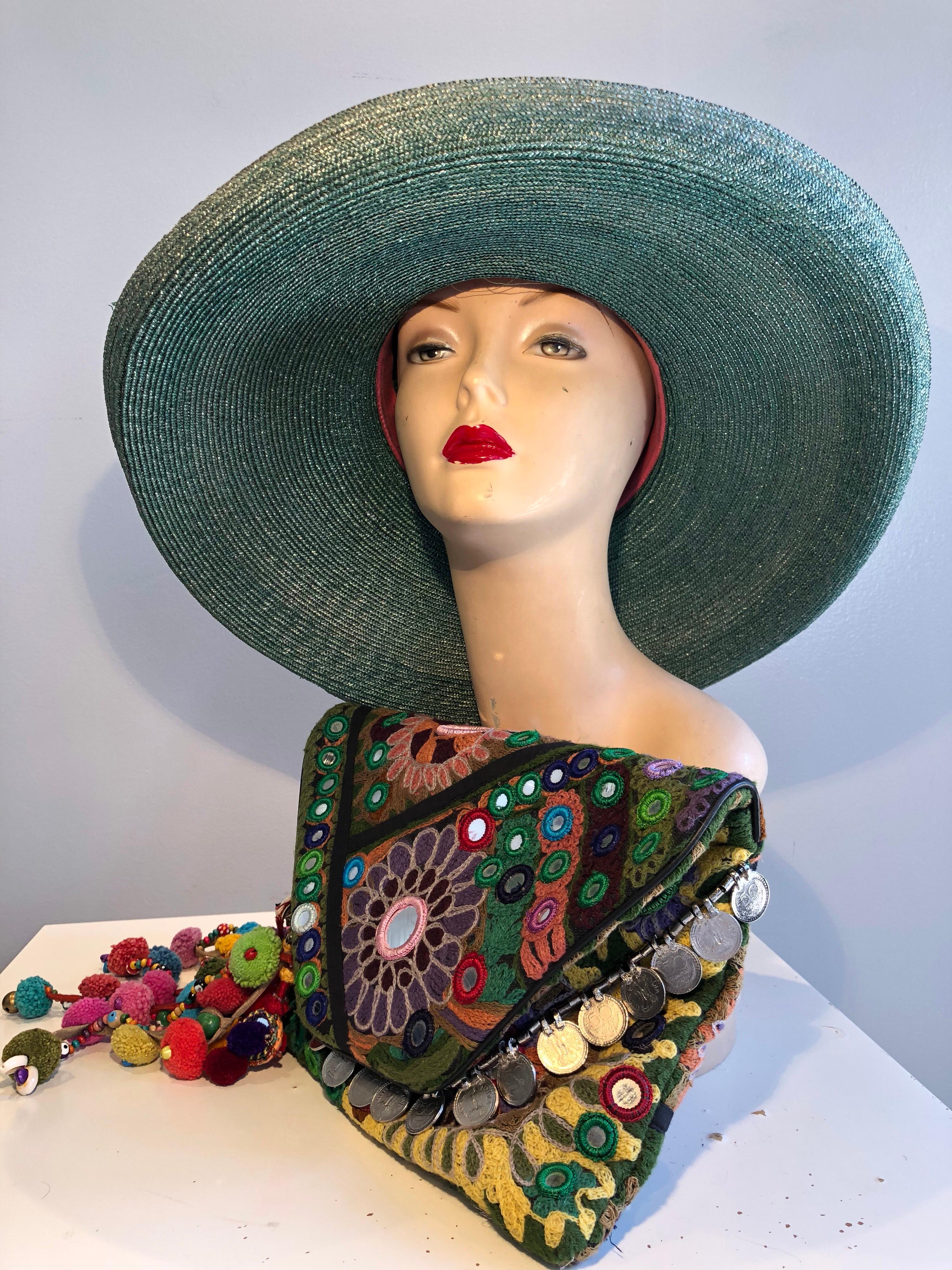 Black 1960s Frank Olive Jade Green Straw Hat & Moroccan Textile Boho Clutch