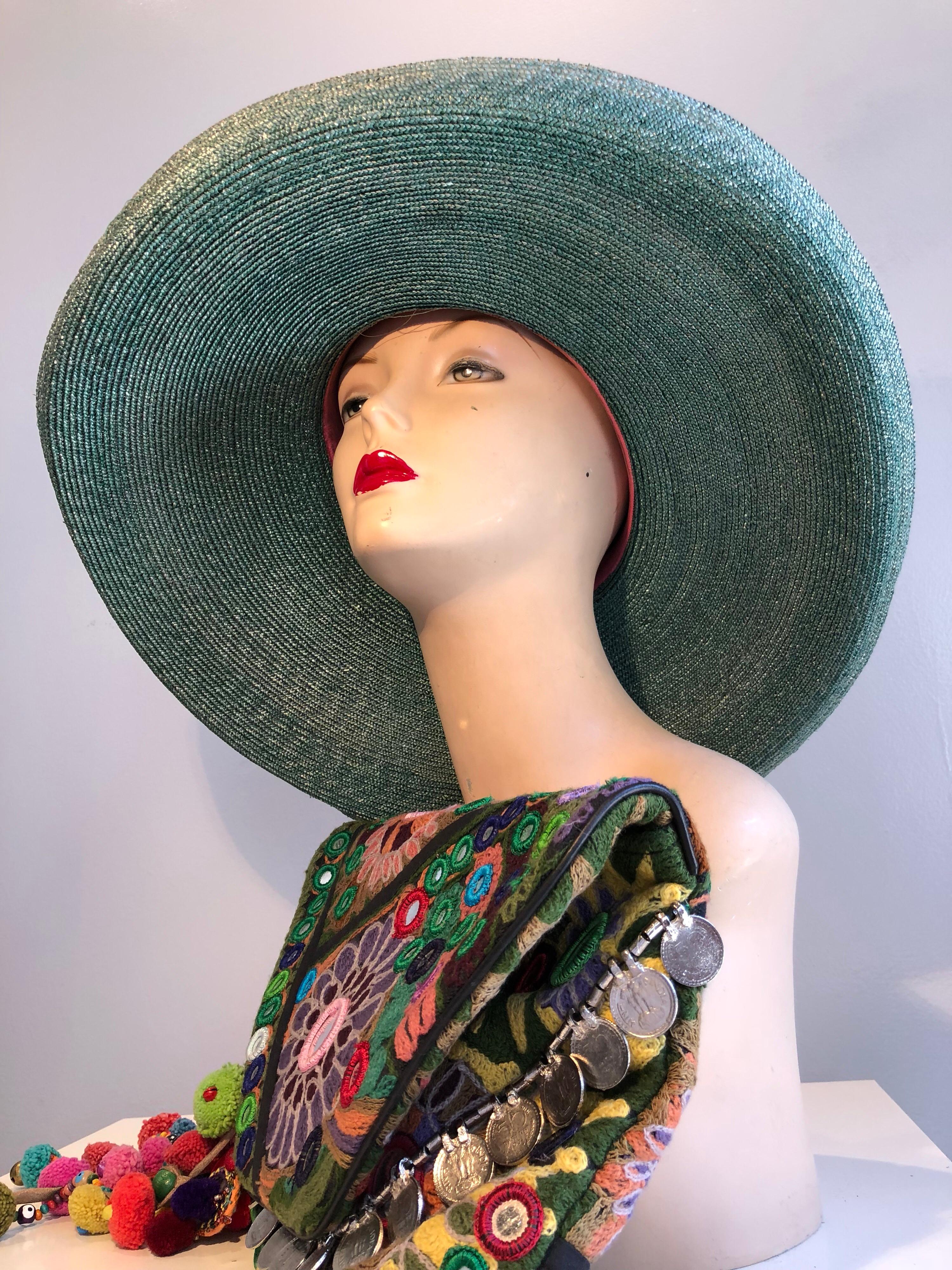 Women's 1960s Frank Olive Jade Green Straw Hat & Moroccan Textile Boho Clutch