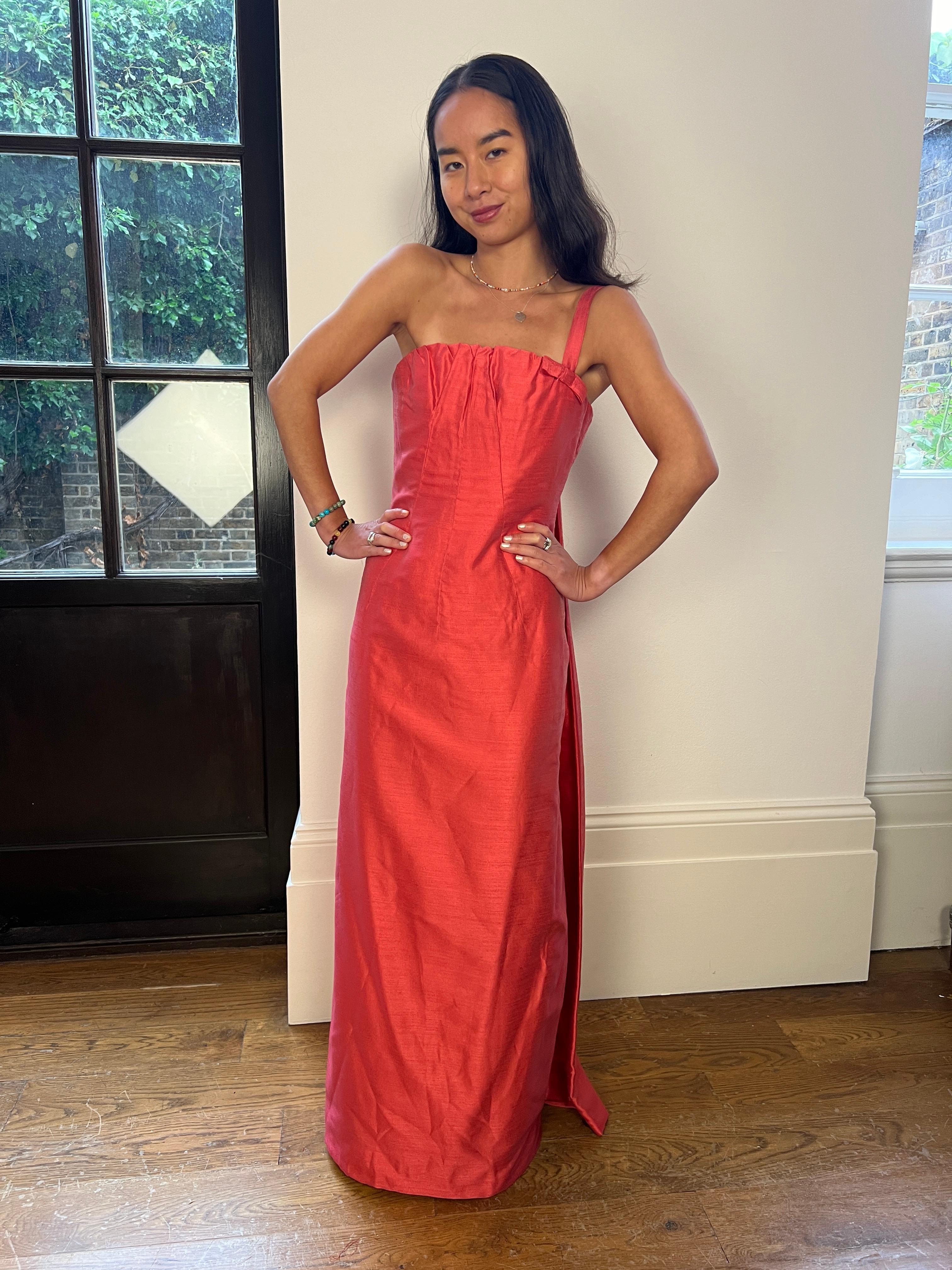 1960s Frank Usher Coral Asymmetrical Evening Dress With Train 1