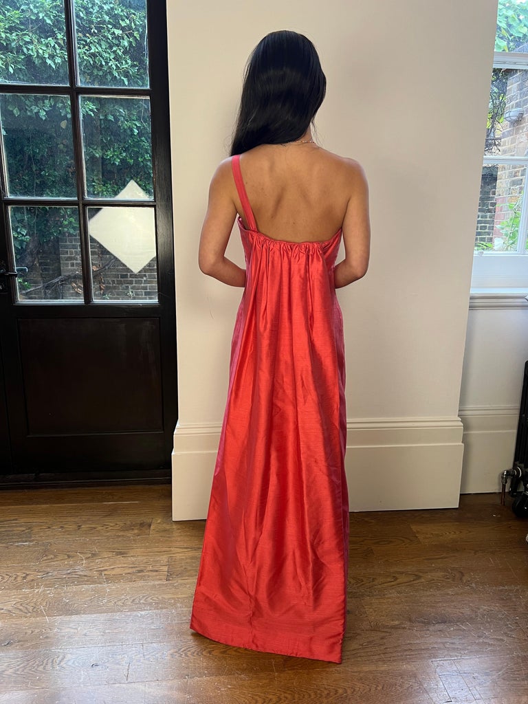1960s Frank Usher Coral Asymmetrical Evening Dress With Train For Sale at  1stDibs