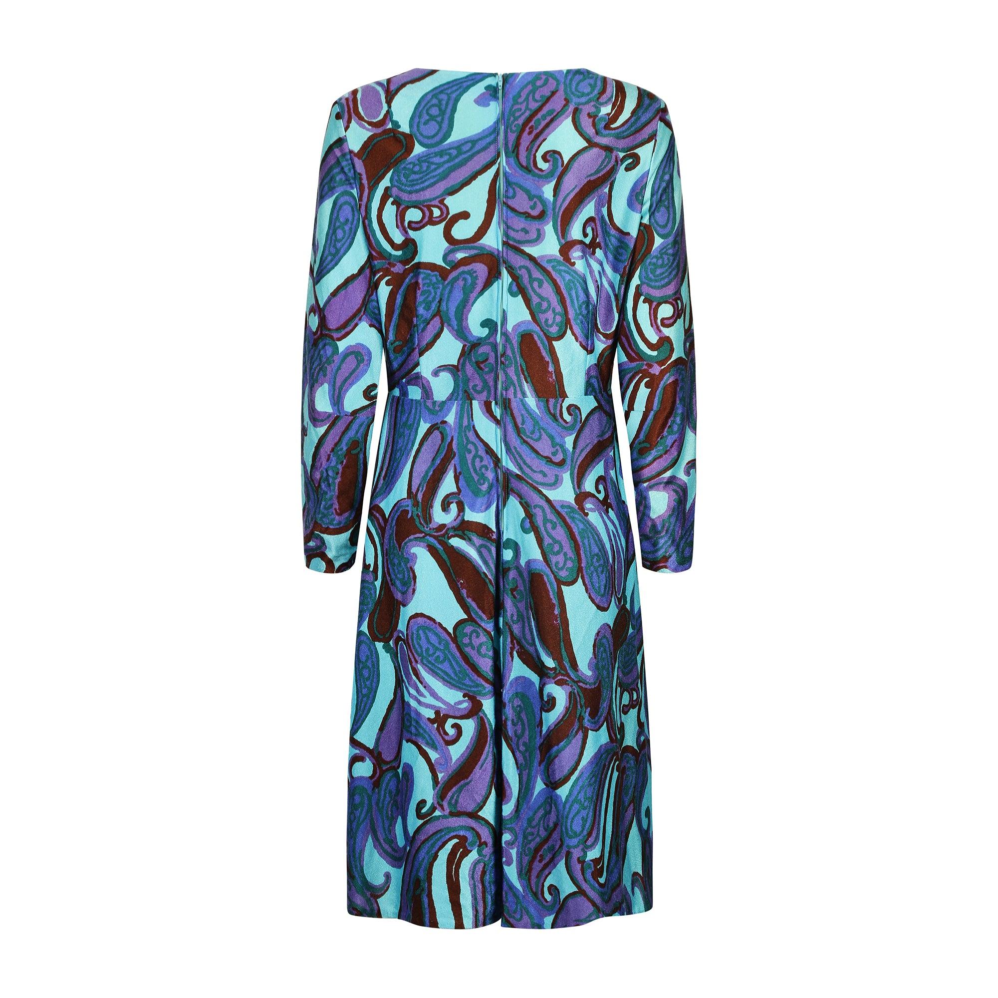 Frank Usher Türkis- und lila Paisley-Samtkleid mit Paisleymuster, 1960er Jahre (Violett) im Angebot